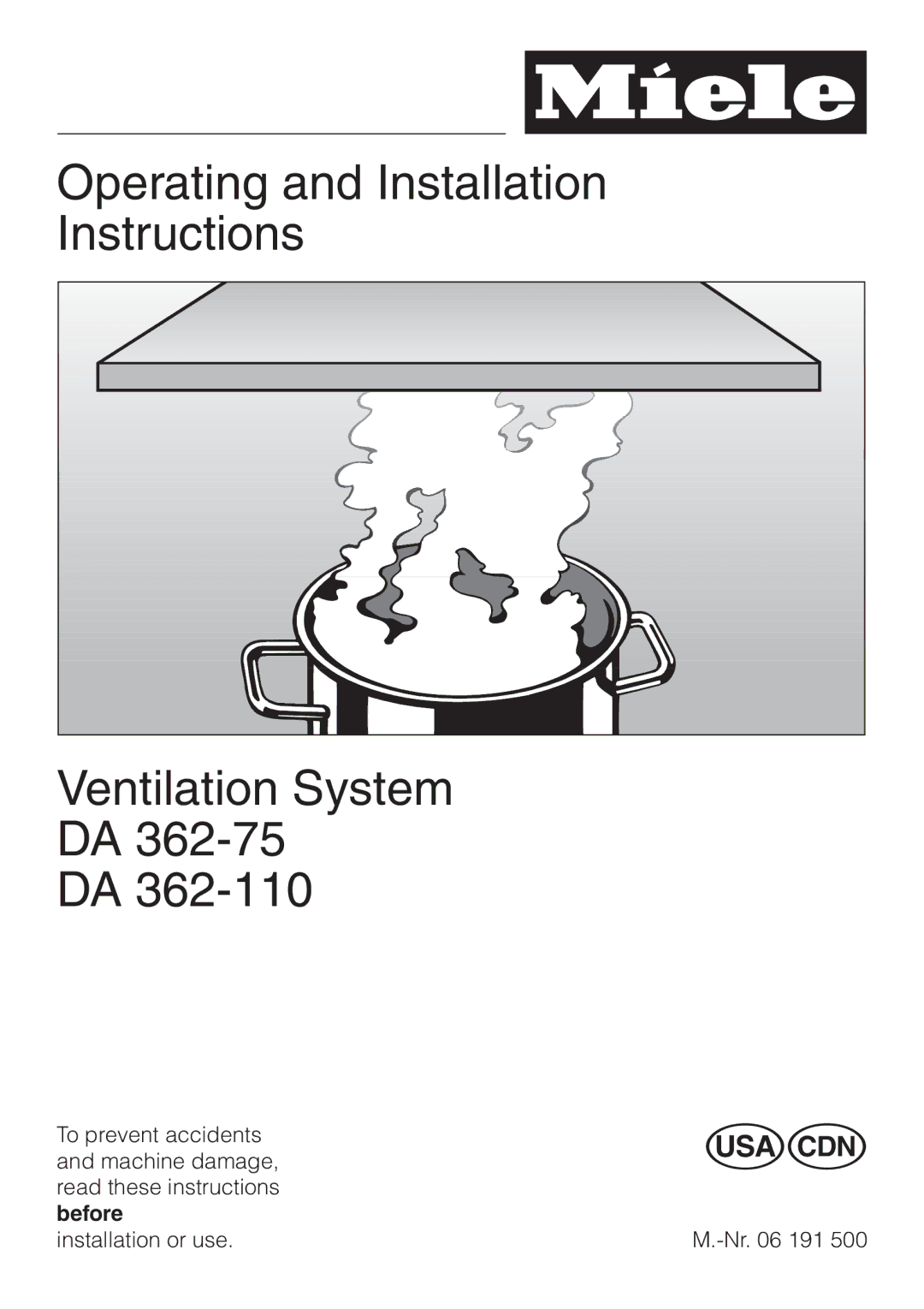 Miele DA 362-75 installation instructions Operating and Installation Instructions Ventilation System 