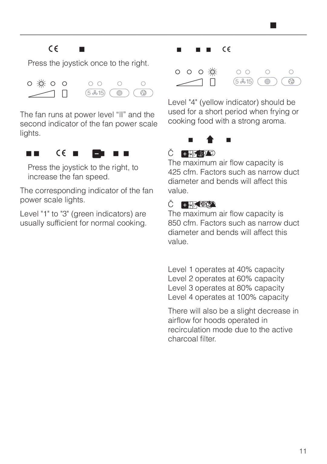 Miele DA 362-75 installation instructions Turning on the fan, Selecting the power level, Intensive setting, Fan performance 