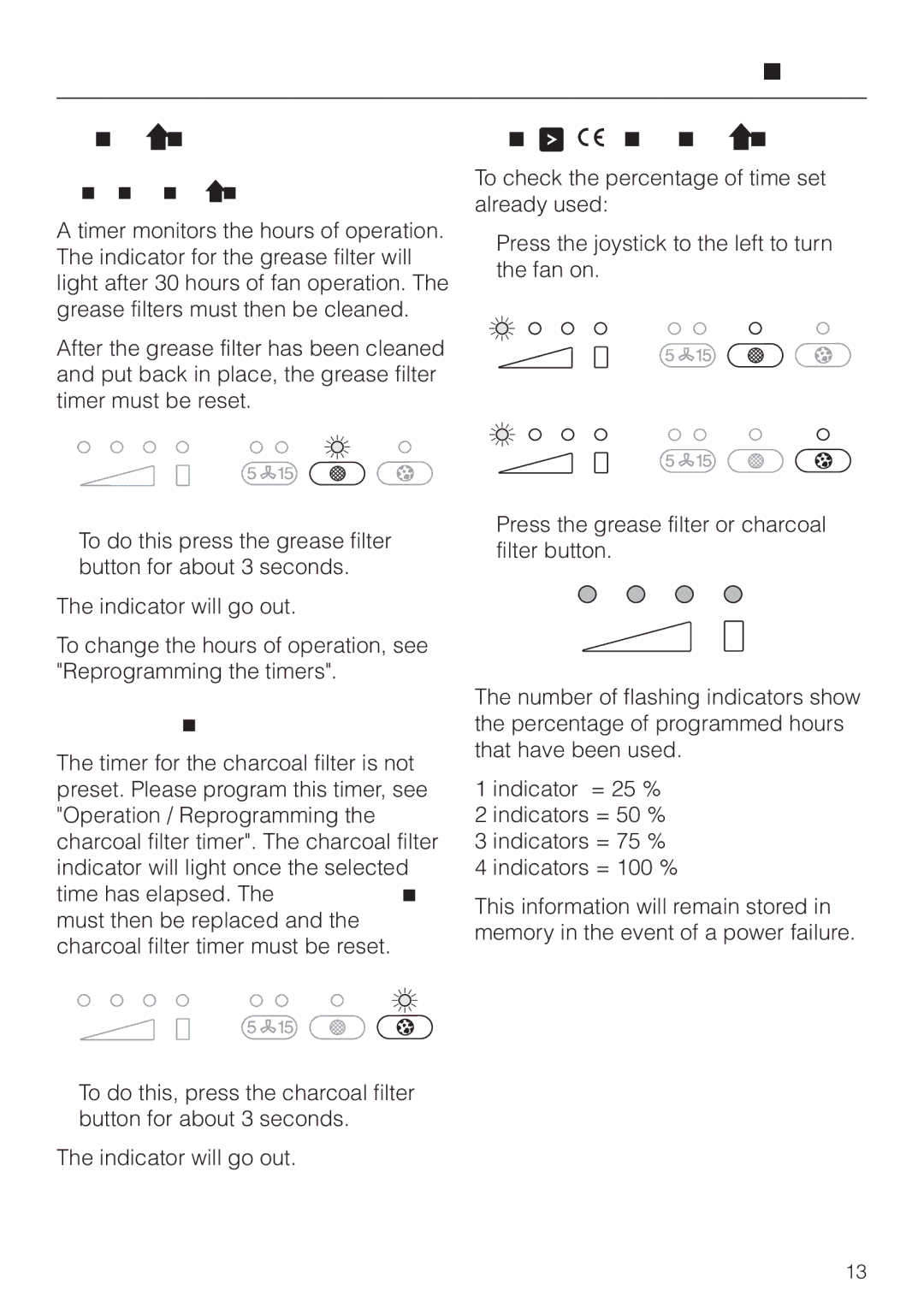 Miele DA 362-75 installation instructions Filter timers, Checking the filter timers, Grease filter timer, Charcoal filters 