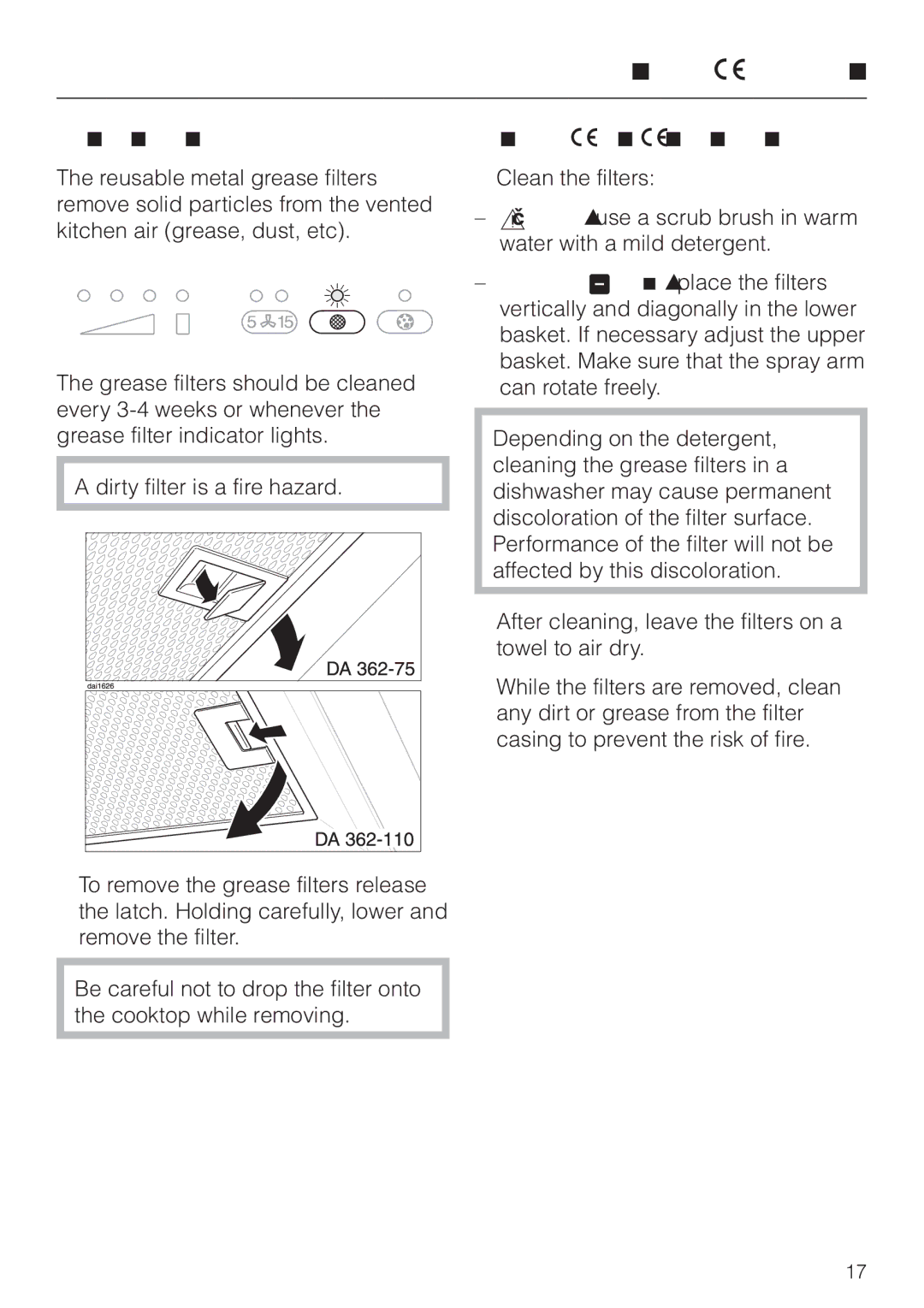 Miele DA 362-75 installation instructions Grease filters, Cleaning the grease filters 