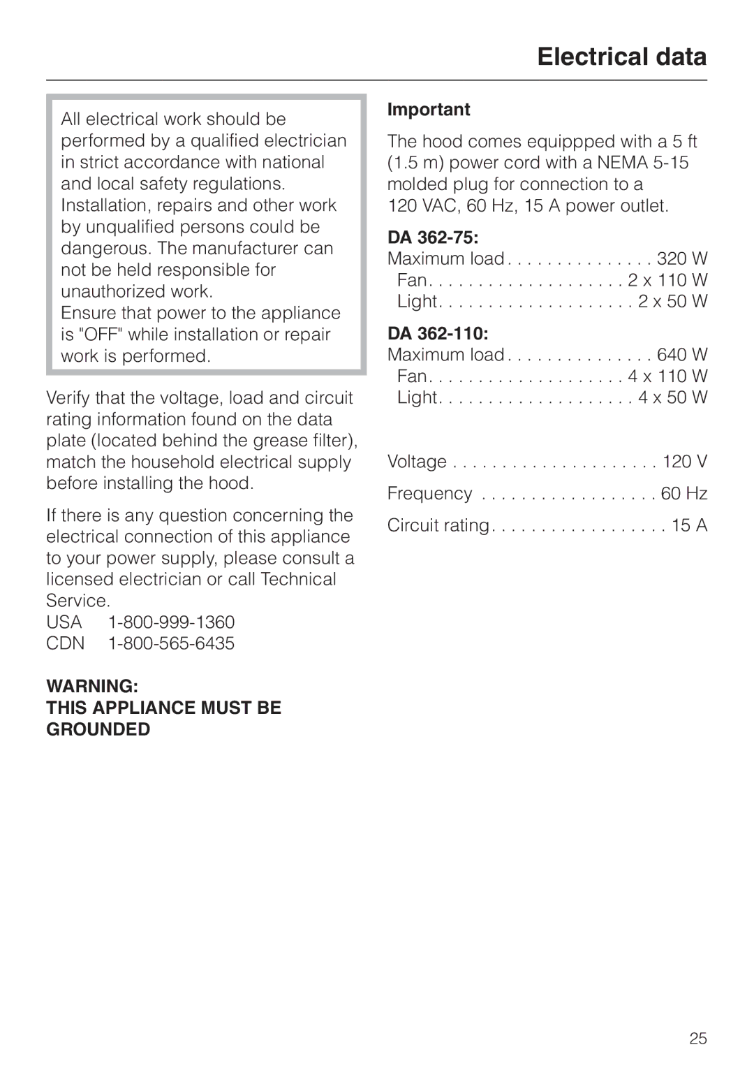 Miele DA 362-75 installation instructions Electrical data, This Appliance Must be Grounded 