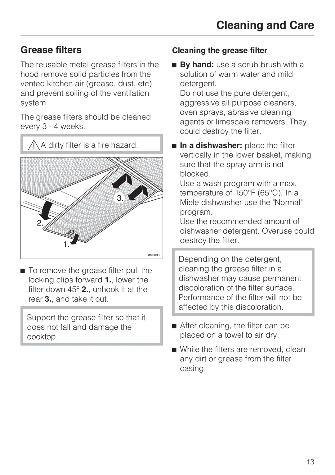 Miele DA 390-5 installation instructions Grease filters, Cleaning the grease filter 