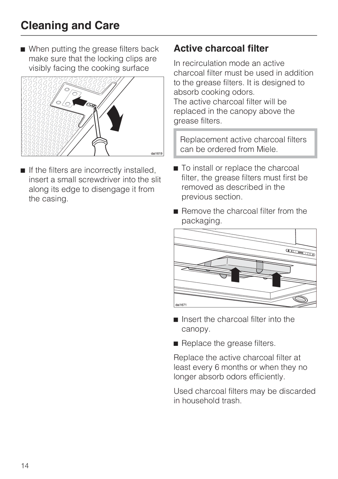 Miele DA 390-5 installation instructions Active charcoal filter 