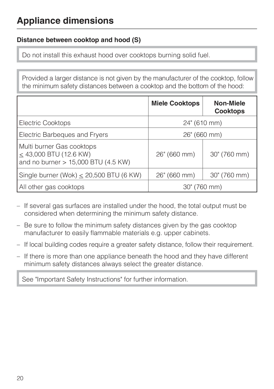 Miele DA 390-5 installation instructions Distance between cooktop and hood S, Miele Cooktops Non-Miele 