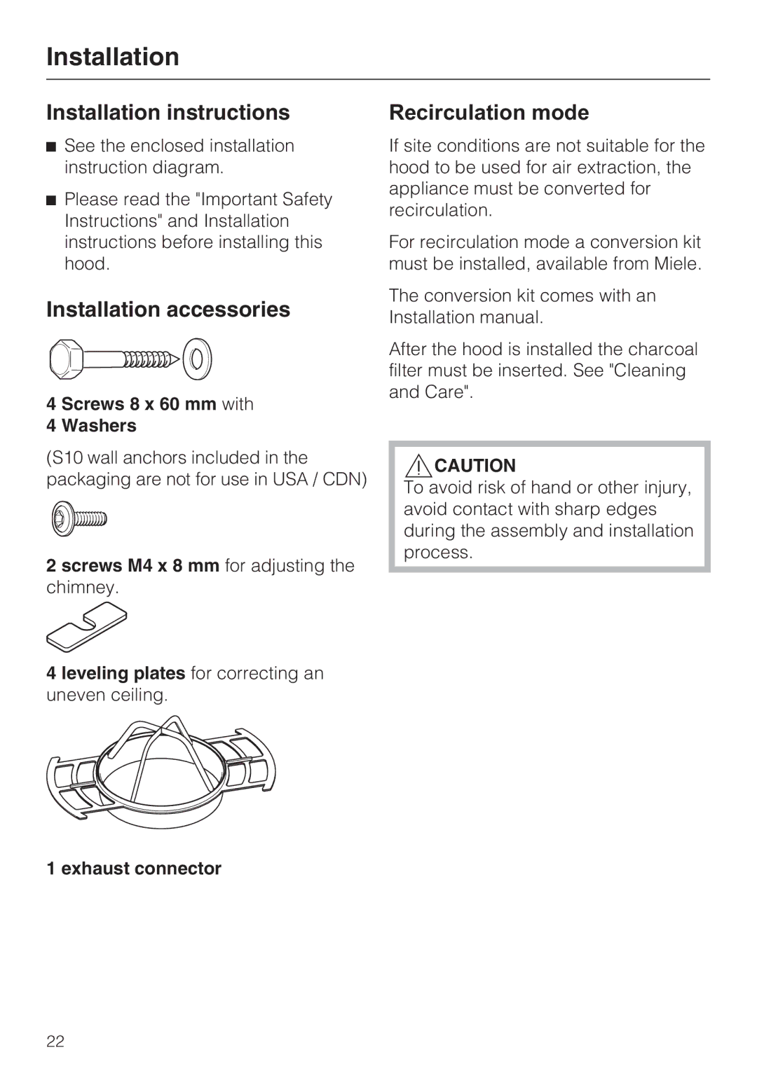 Miele DA 390-5 Installation instructions, Installation accessories, Screws 8 x 60 mm with Washers 