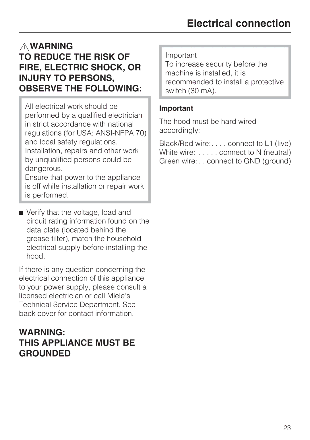 Miele DA 390-5 installation instructions Electrical connection, This Appliance Must be Grounded 