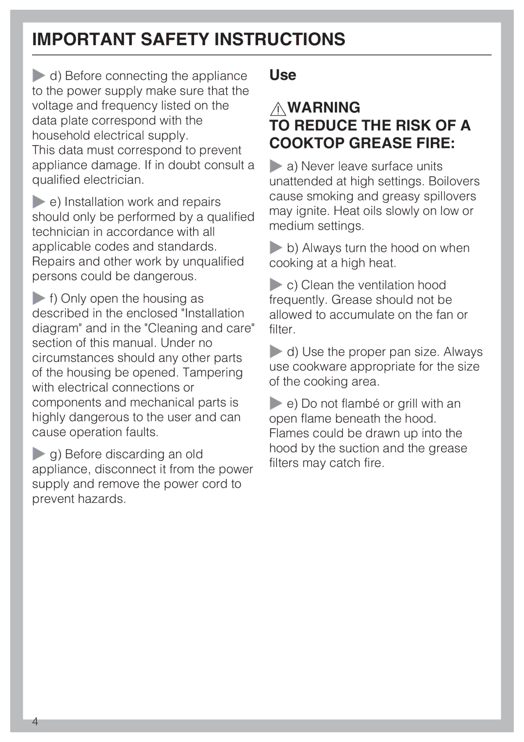 Miele DA 390-5 installation instructions Use, To Reduce the Risk of a Cooktop Grease Fire 