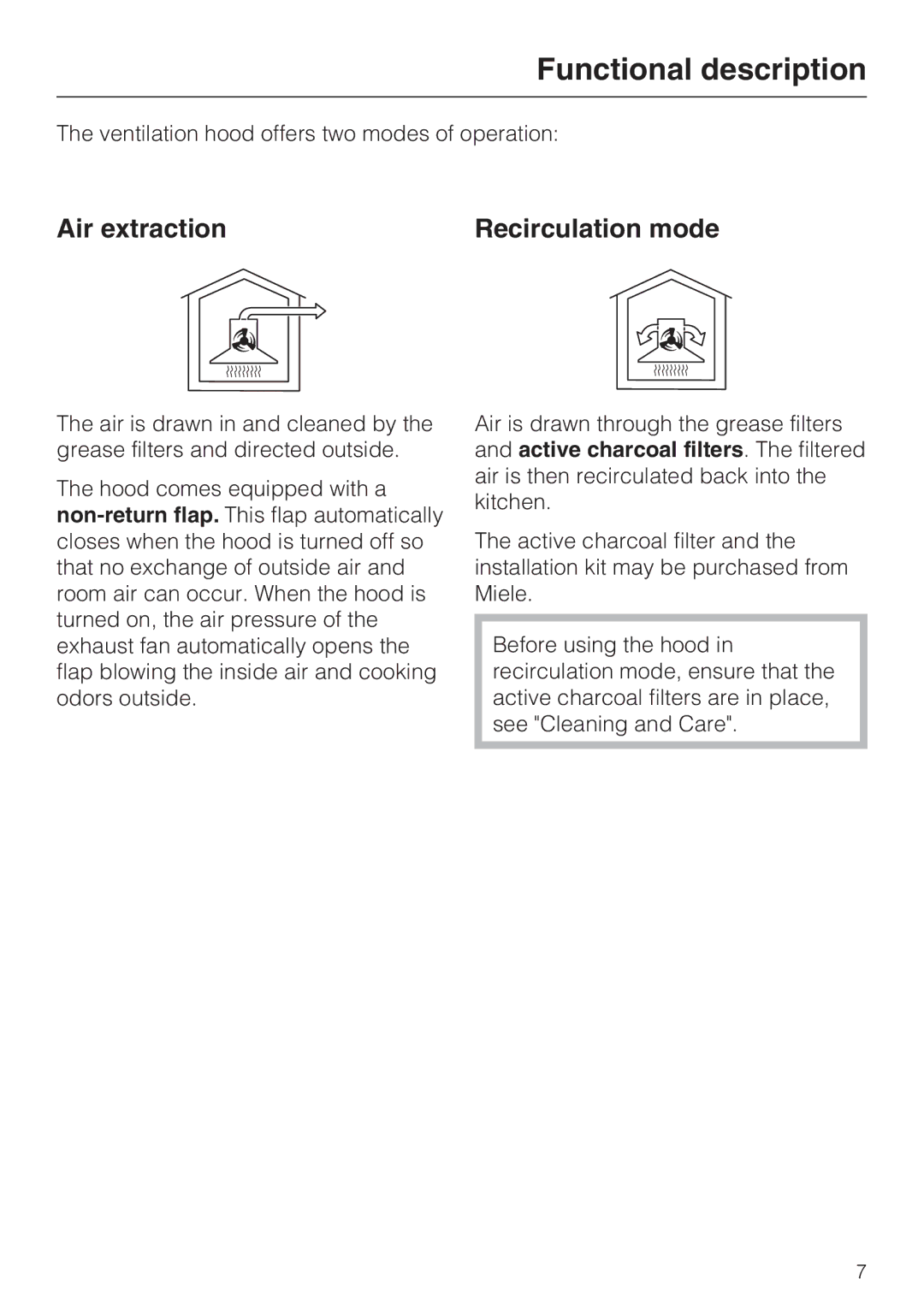 Miele DA 390-5 installation instructions Functional description, Air extraction Recirculation mode 