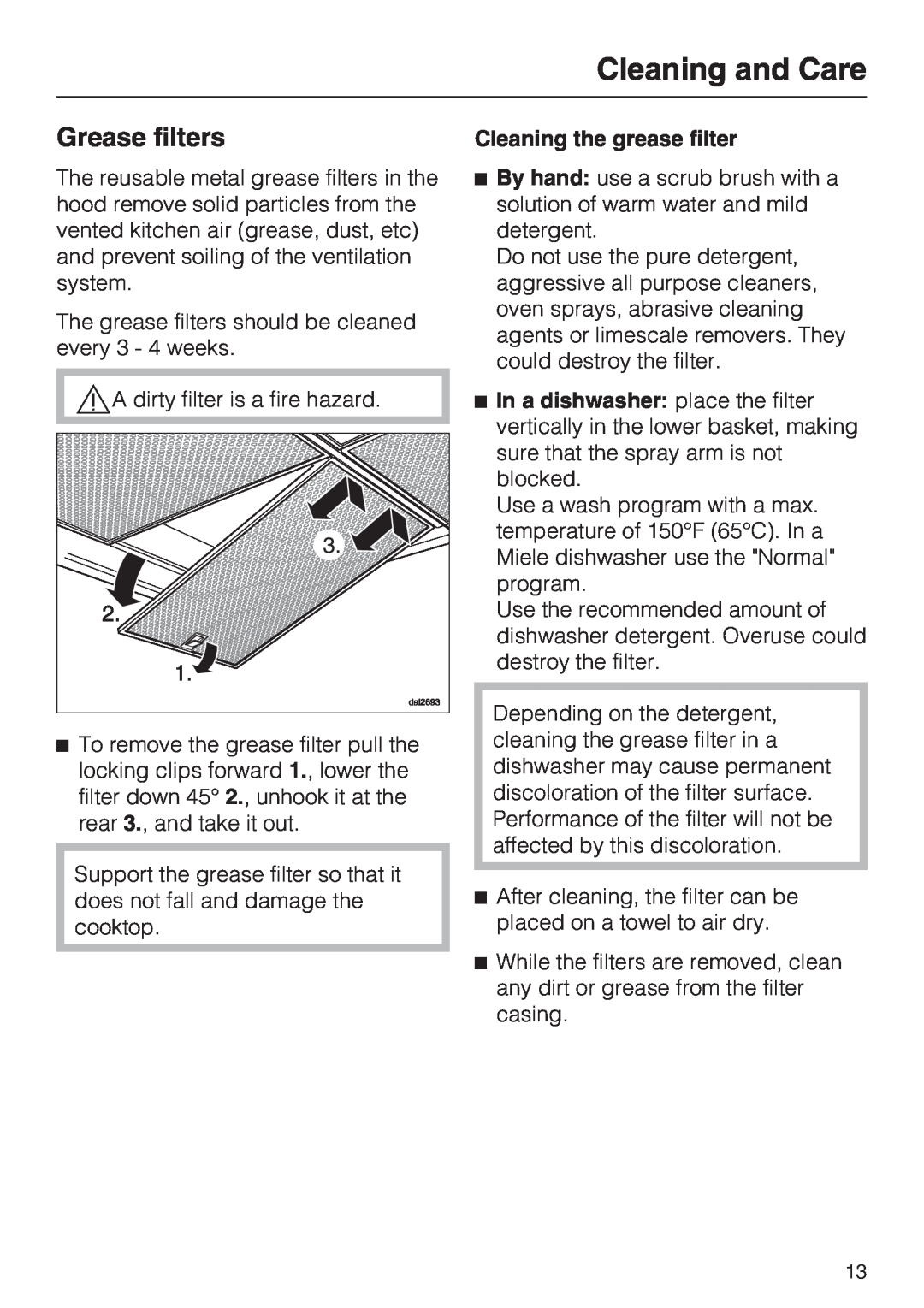 Miele DA 390-5 installation instructions Grease filters, Cleaning the grease filter, Cleaning and Care 