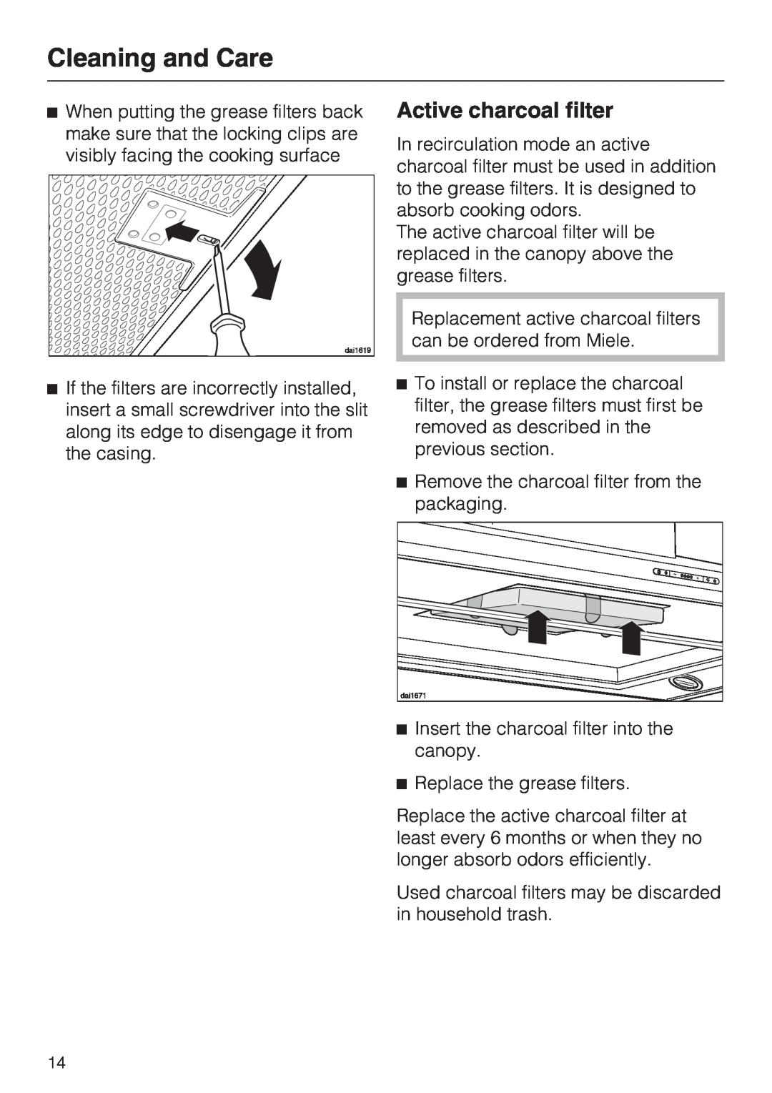 Miele DA 390-5 installation instructions Active charcoal filter, Cleaning and Care 