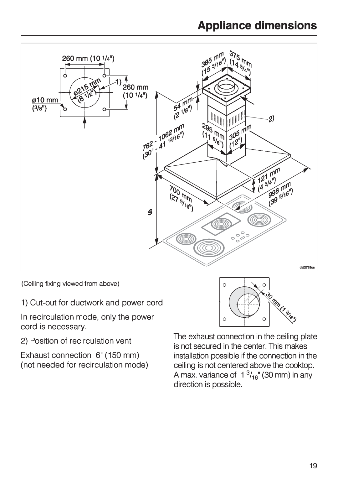 Miele DA 390-5 installation instructions Appliance dimensions 