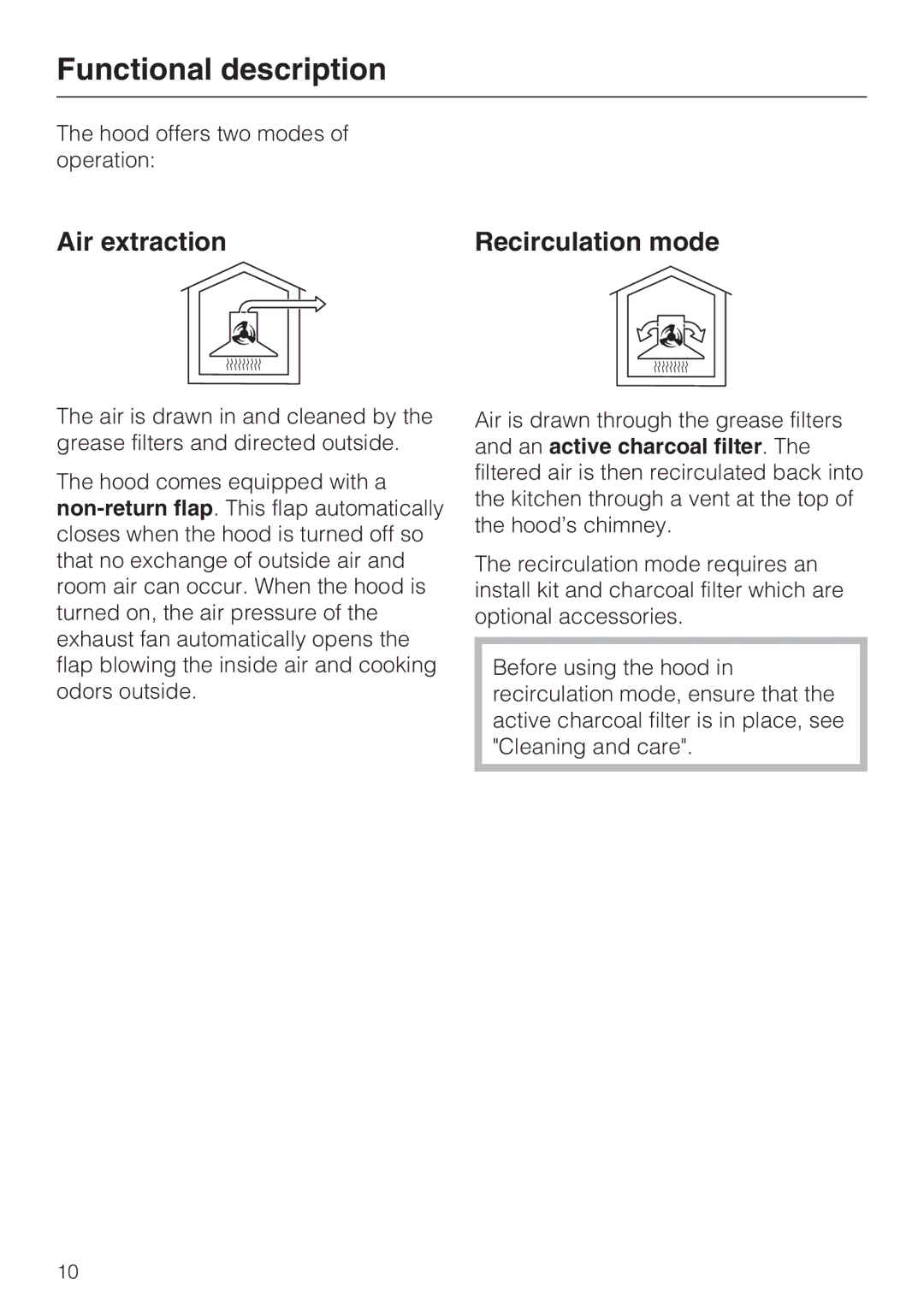 Miele DA 399-5, DA 398-5 installation instructions Functional description, Air extraction Recirculation mode 