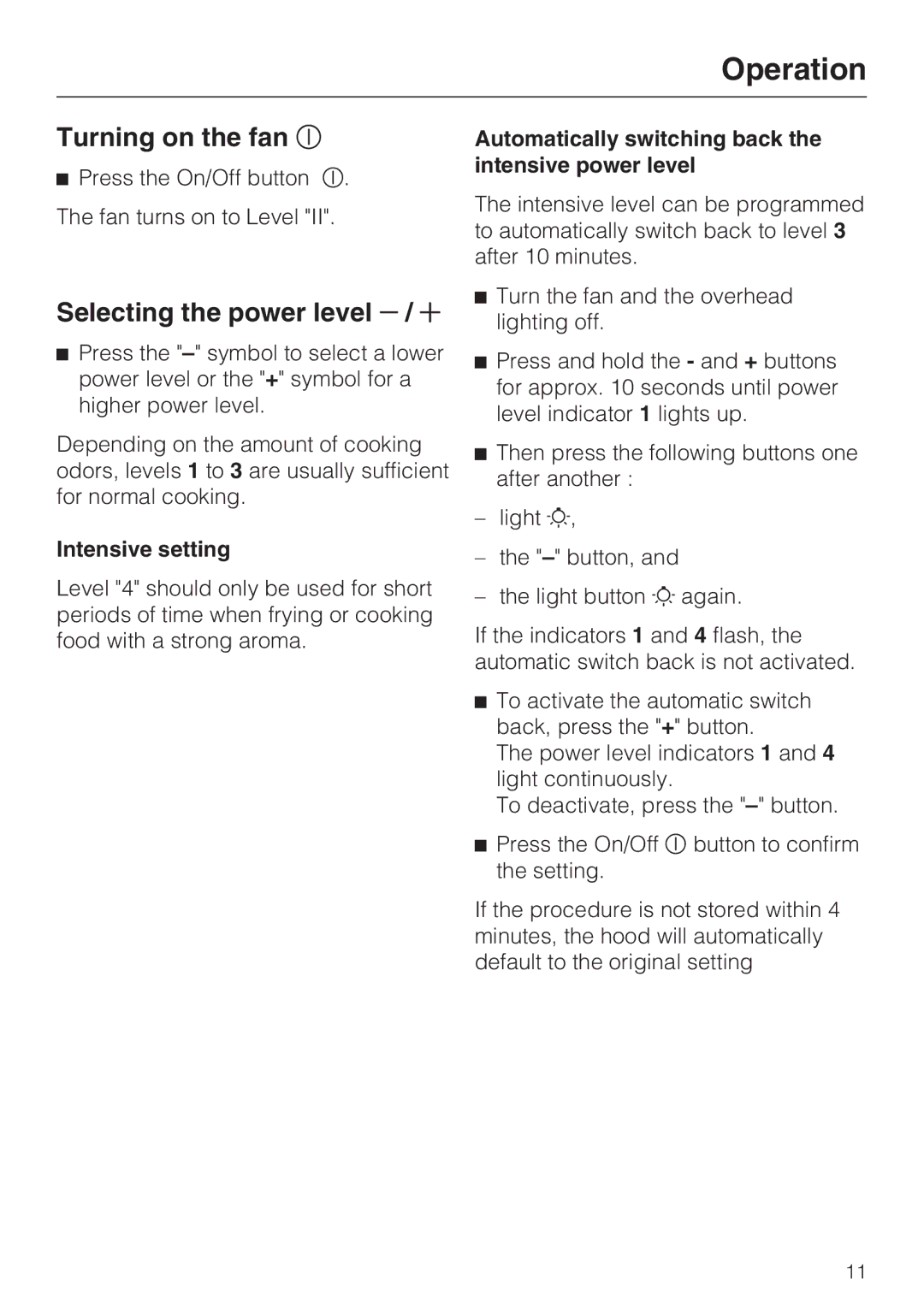 Miele DA 398-5, DA 399-5 Operation, Turning on the fan, Selecting the power level, Intensive setting 