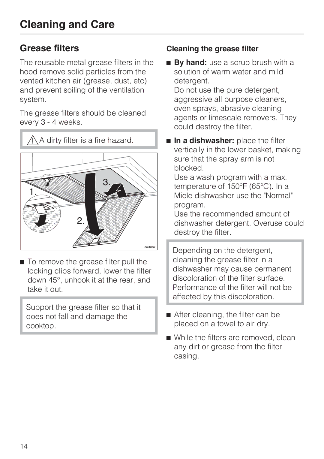 Miele DA 399-5, DA 398-5 installation instructions Grease filters, Cleaning the grease filter 