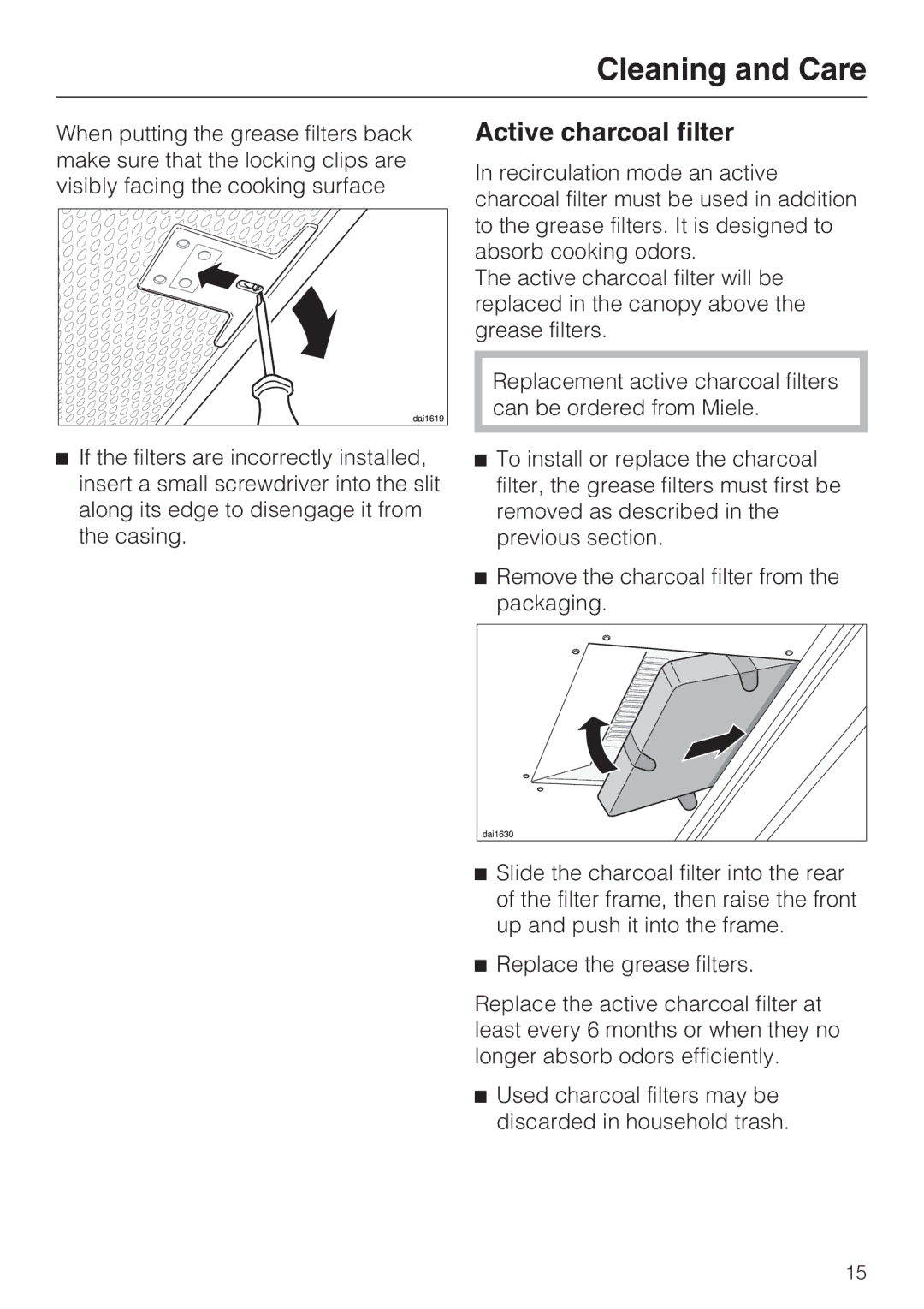 Miele DA 398-5, DA 399-5 installation instructions Active charcoal filter 