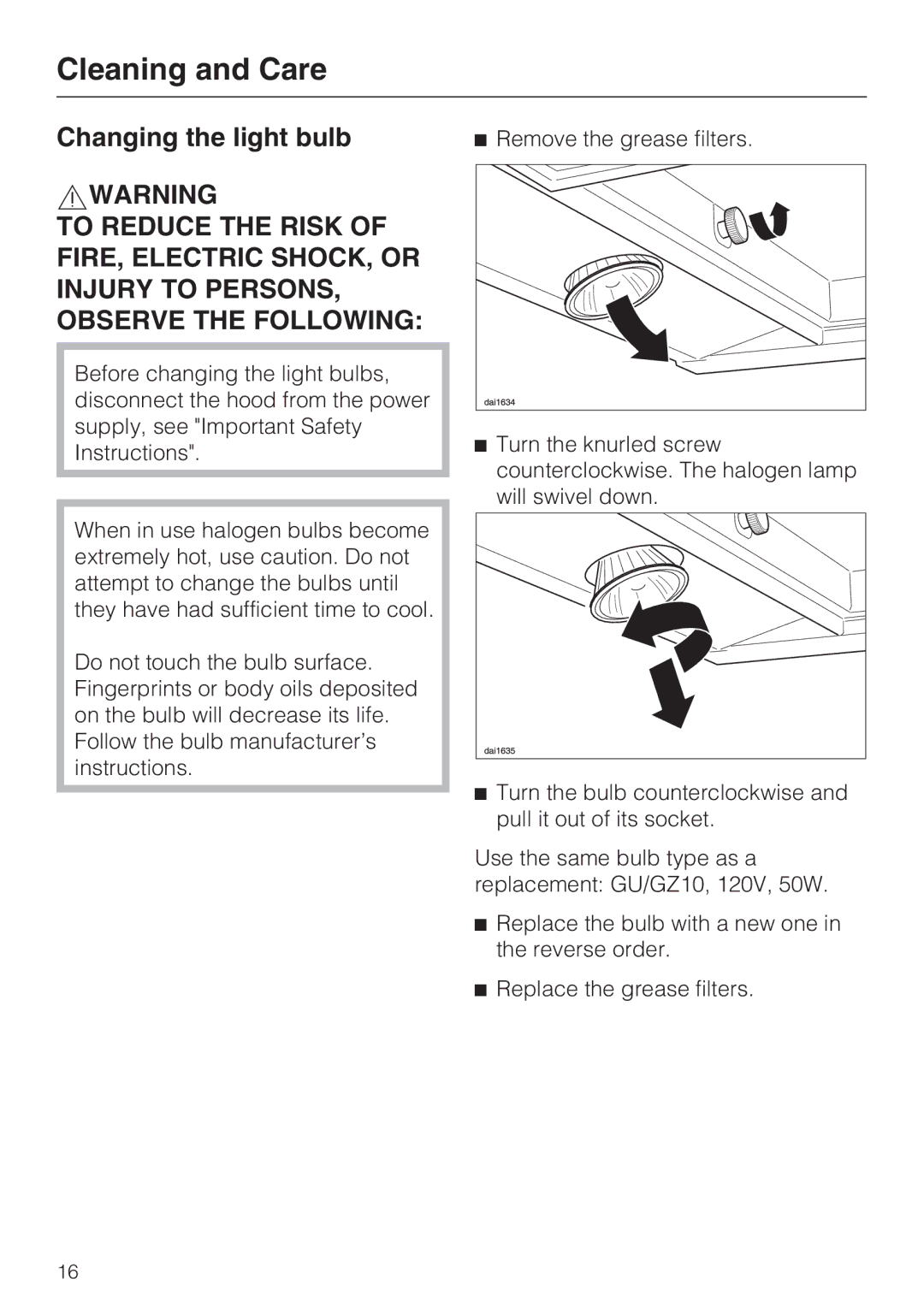 Miele DA 399-5, DA 398-5 installation instructions Changing the light bulb 