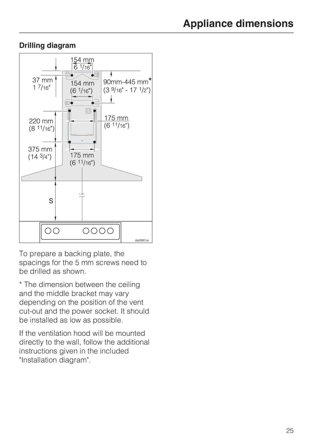 Miele DA 398-5, DA 399-5 installation instructions Drilling diagram 