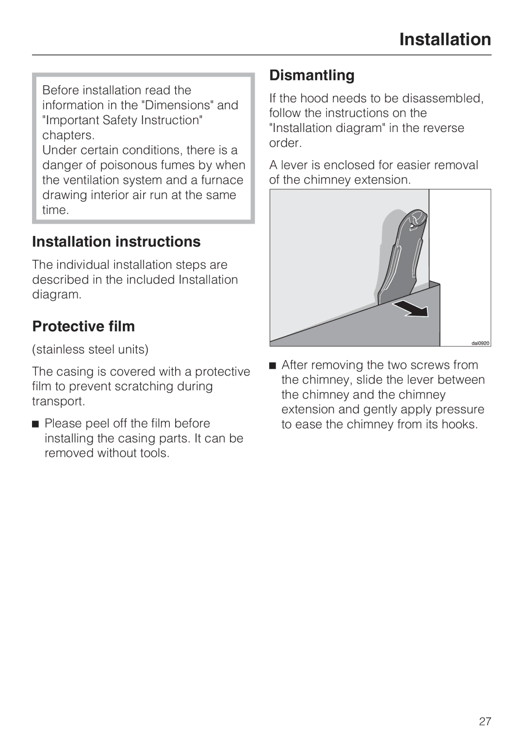 Miele DA 398-5, DA 399-5 installation instructions Installation instructions, Protective film, Dismantling 