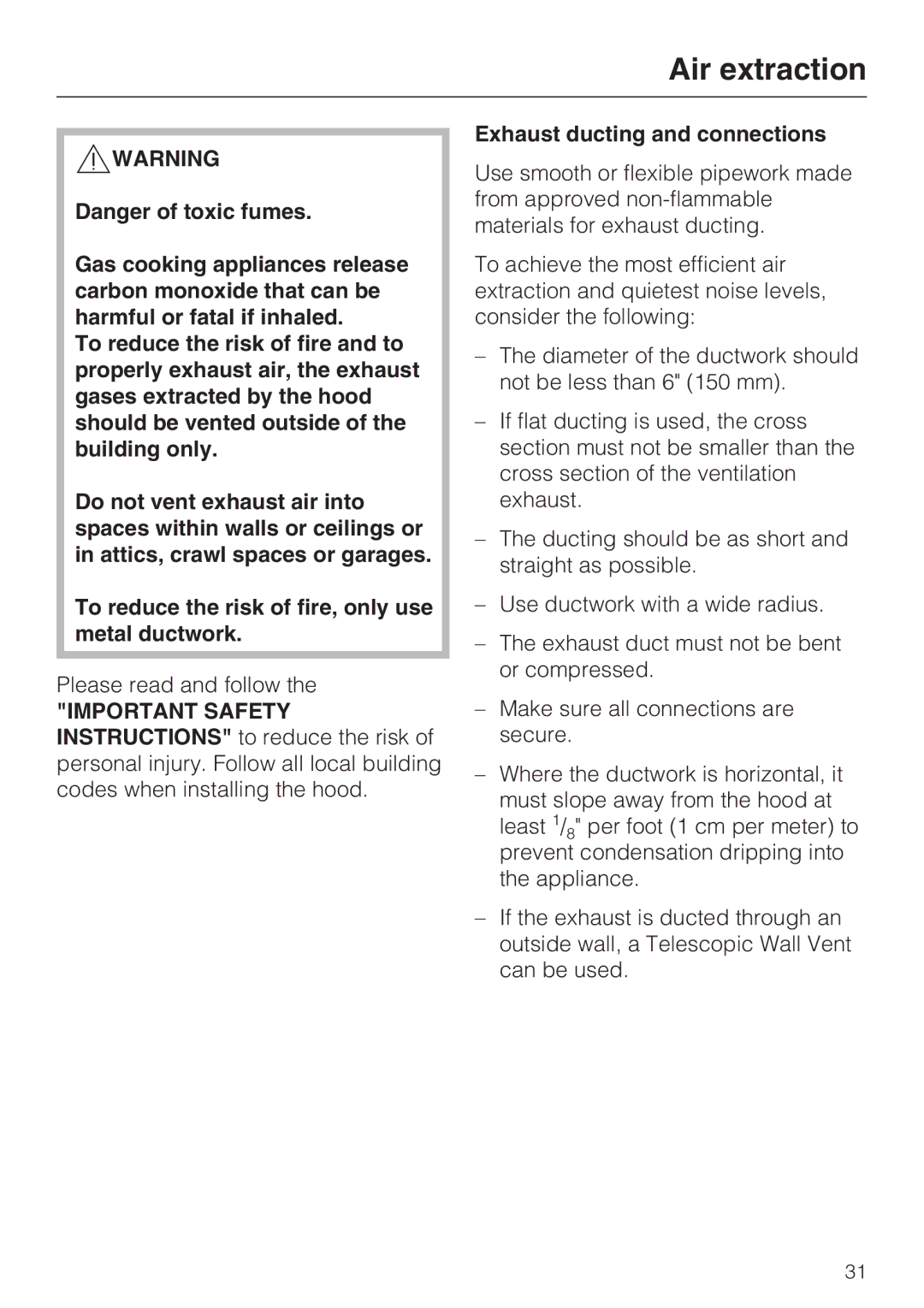 Miele DA 398-5, DA 399-5 installation instructions Air extraction 