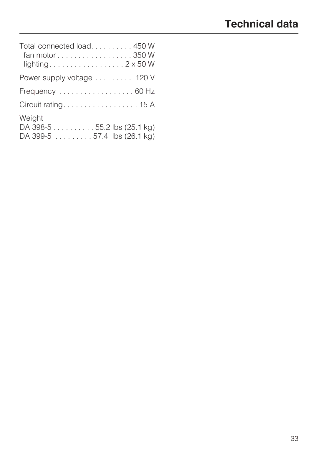 Miele DA 398-5, DA 399-5 installation instructions Technical data 