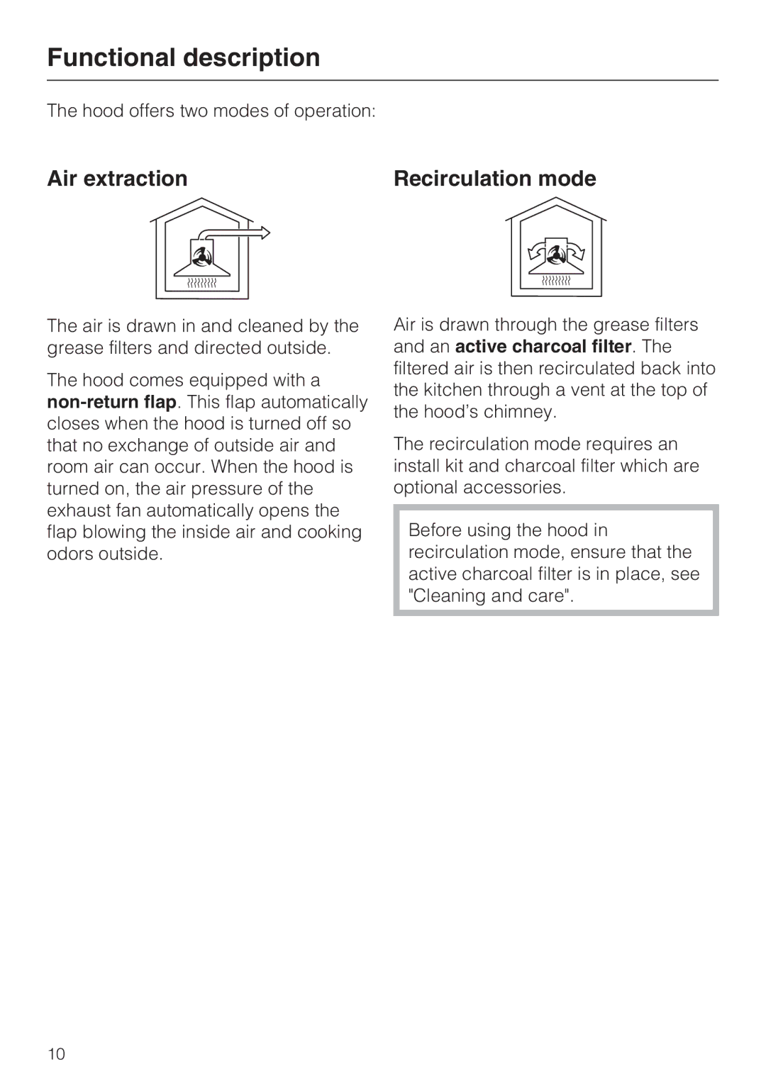 Miele DA 399-5, DA 398-5 installation instructions Functional description, Air extraction Recirculation mode 