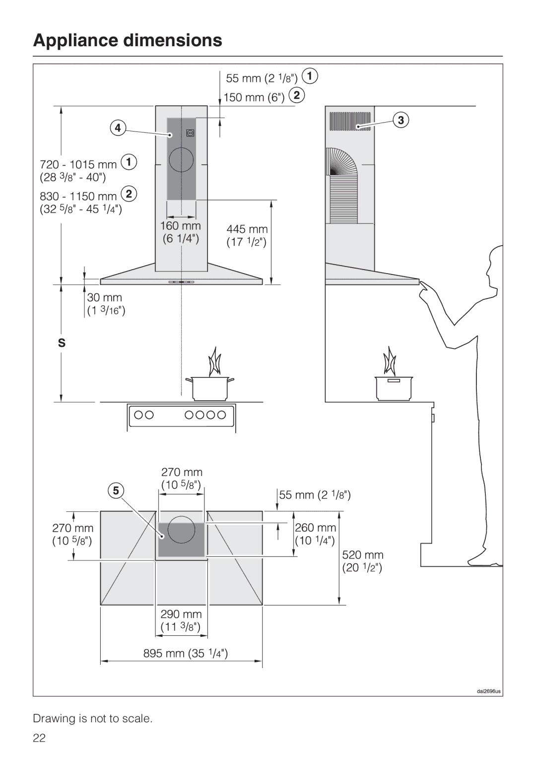 Miele DA 399-5, DA 398-5 installation instructions Appliance dimensions 