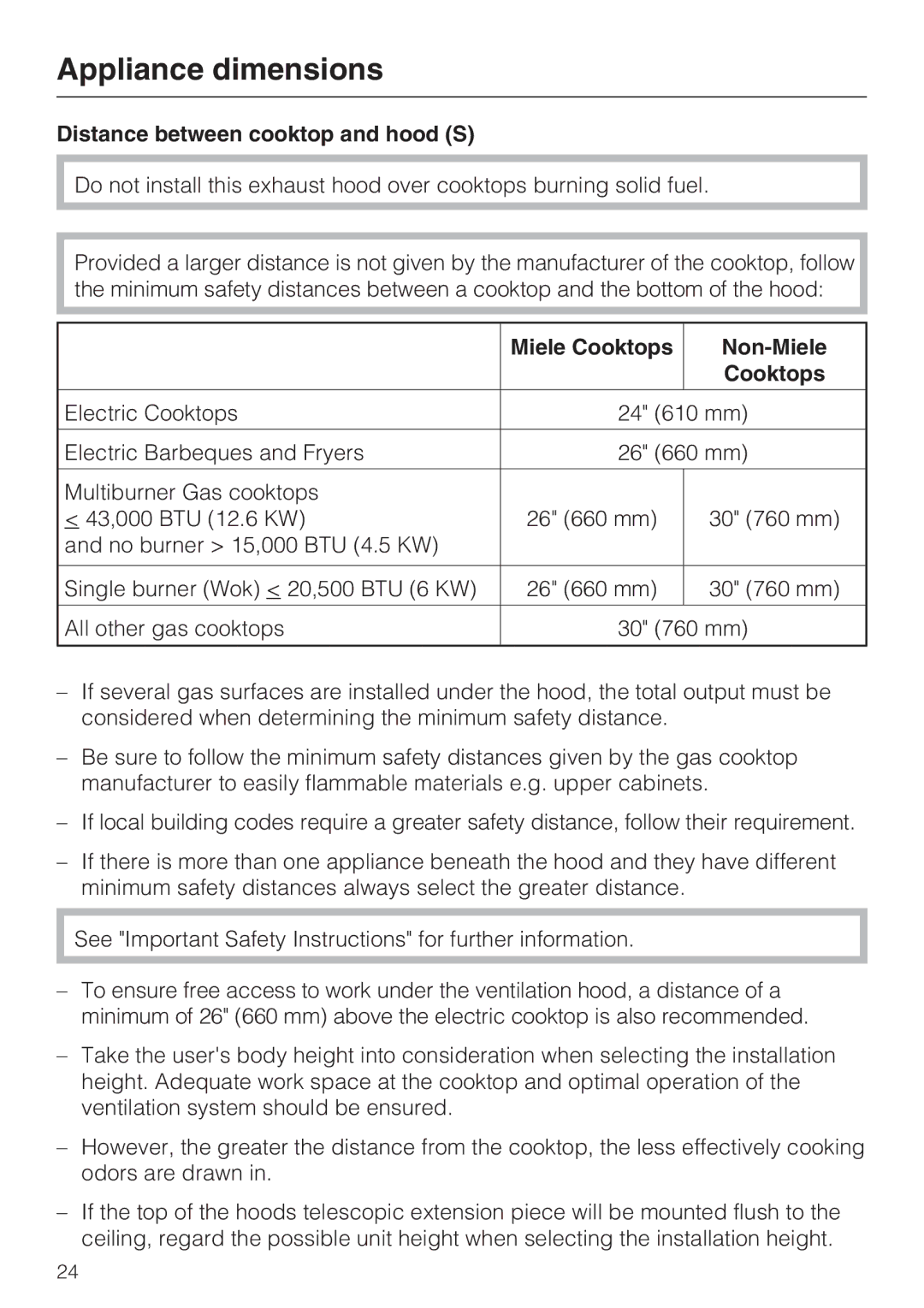 Miele DA 399-5, DA 398-5 installation instructions Distance between cooktop and hood S, Miele Cooktops Non-Miele 