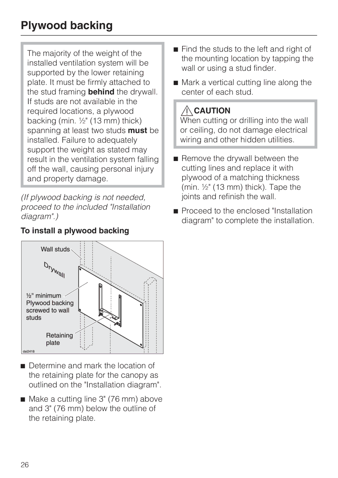 Miele DA 399-5, DA 398-5 installation instructions Plywood backing, To install a plywood backing 