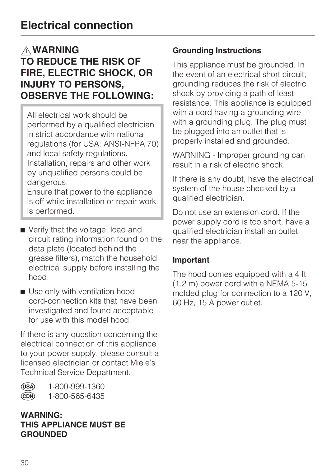 Miele DA 399-5, DA 398-5 installation instructions Electrical connection, Grounding Instructions 