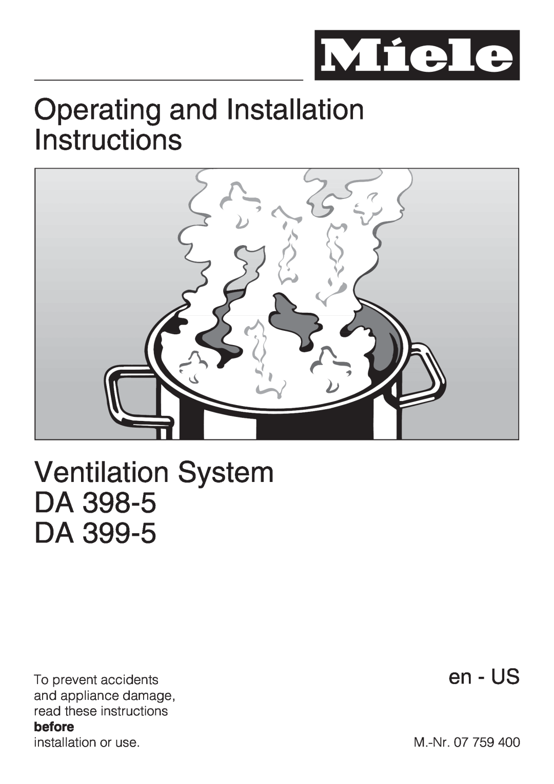 Miele DA 398-5 installation instructions Operating and Installation Instructions, Ventilation System DA DA, en - US 