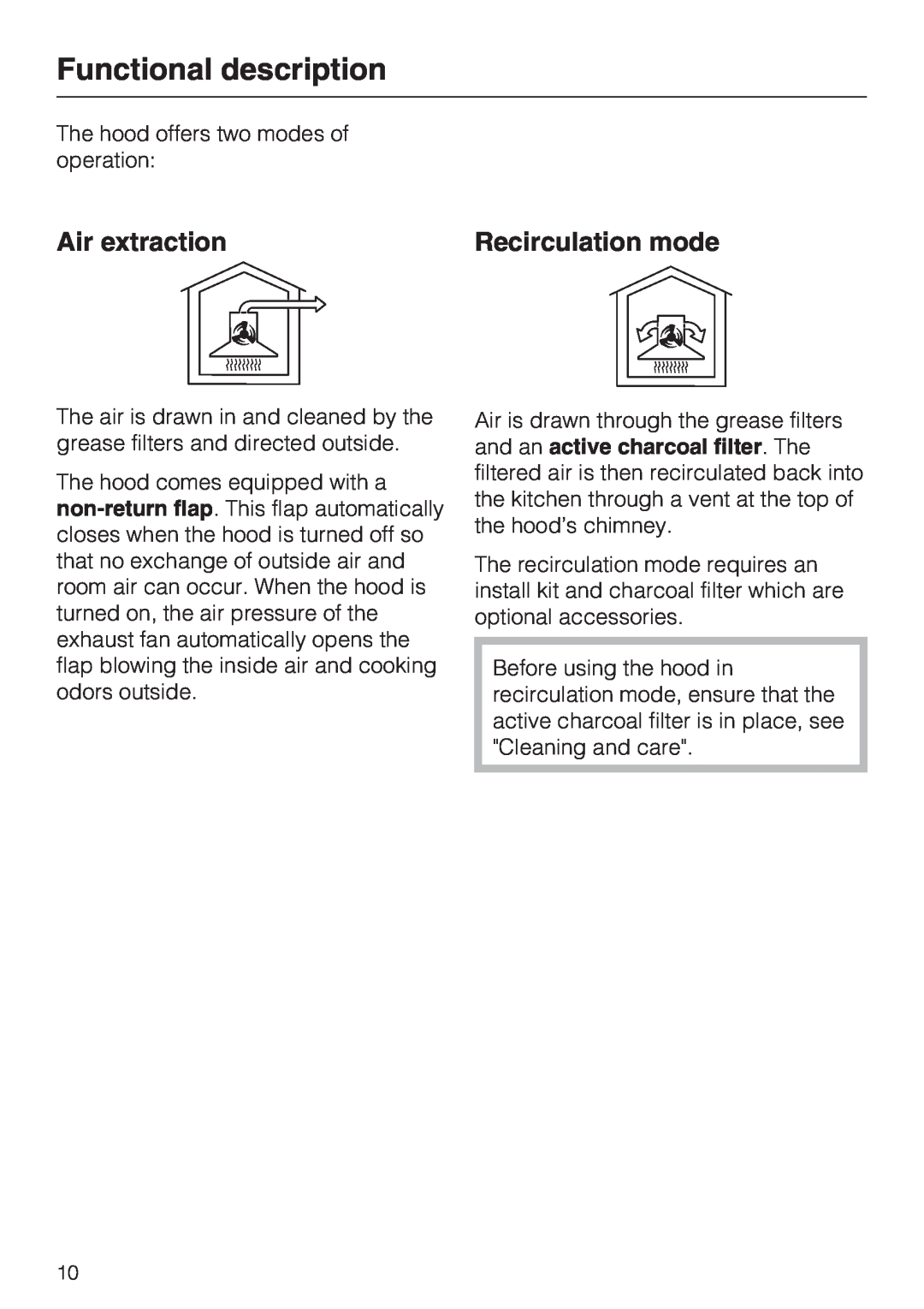 Miele DA 399-5, DA 398-5 installation instructions Functional description, Air extraction, Recirculation mode 