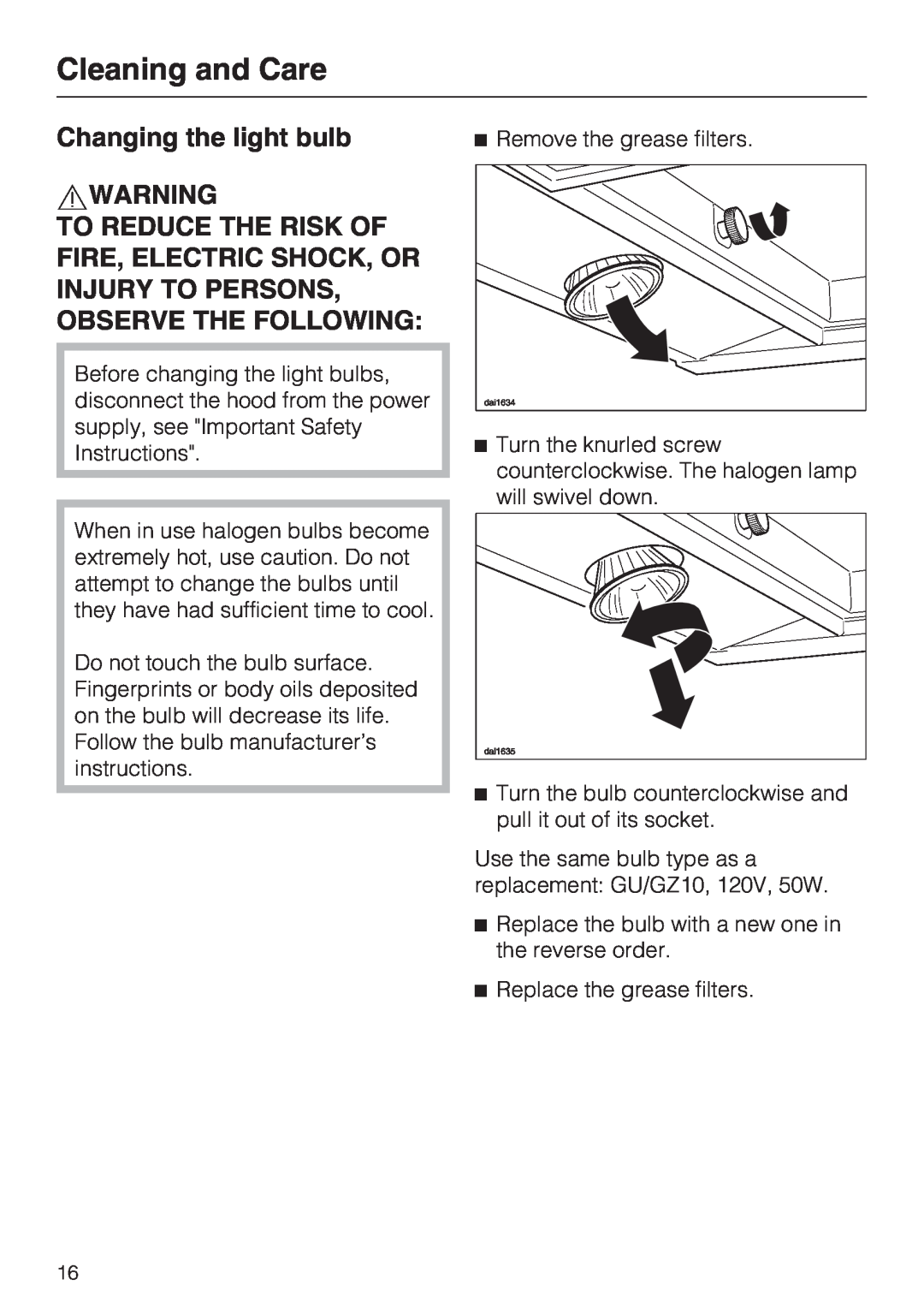 Miele DA 399-5, DA 398-5 installation instructions Changing the light bulb, Cleaning and Care 