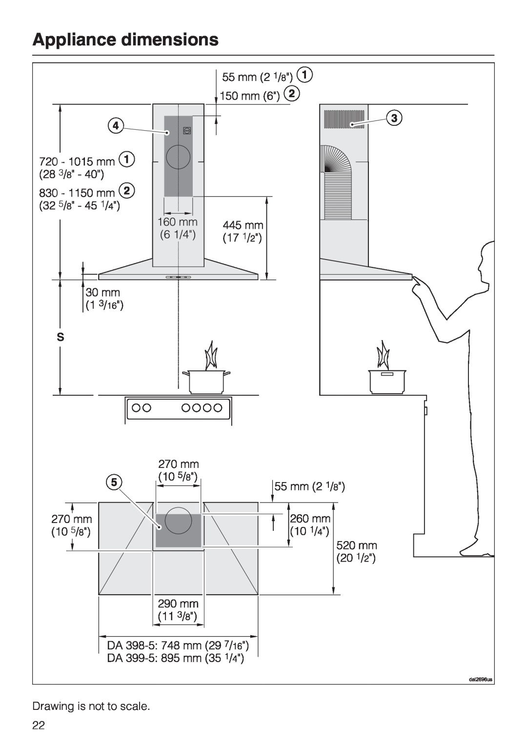 Miele DA 399-5, DA 398-5 installation instructions Appliance dimensions, Drawing is not to scale 