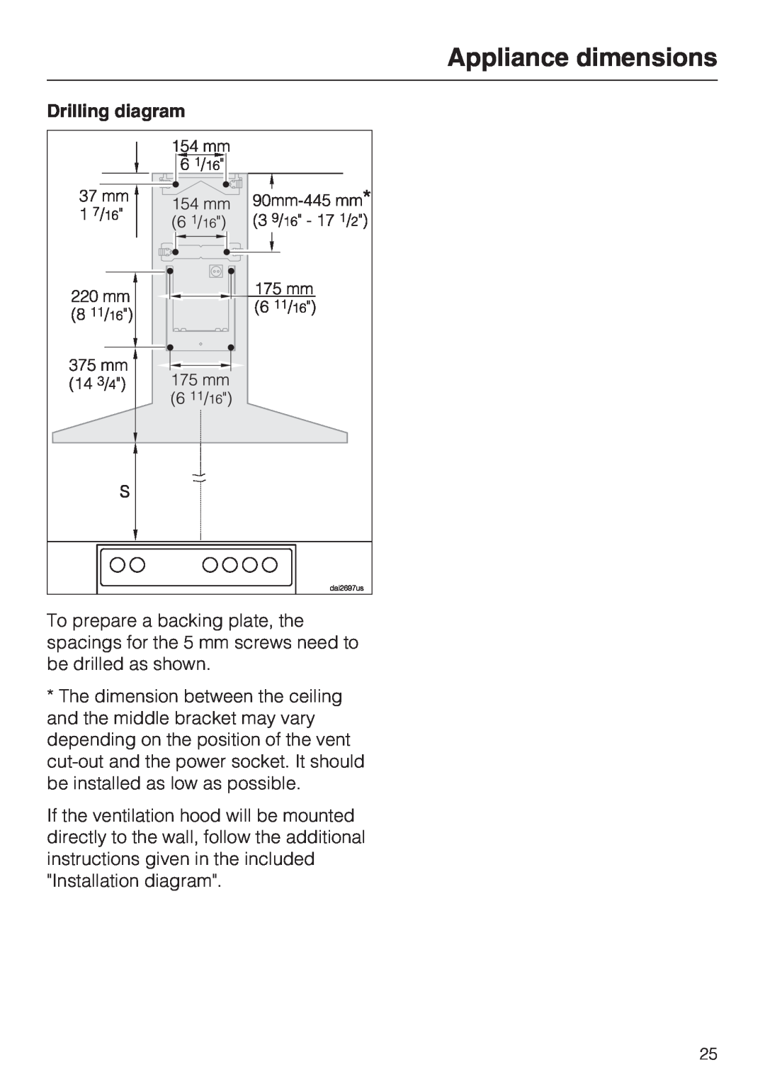 Miele DA 398-5, DA 399-5 installation instructions Appliance dimensions, Drilling diagram 