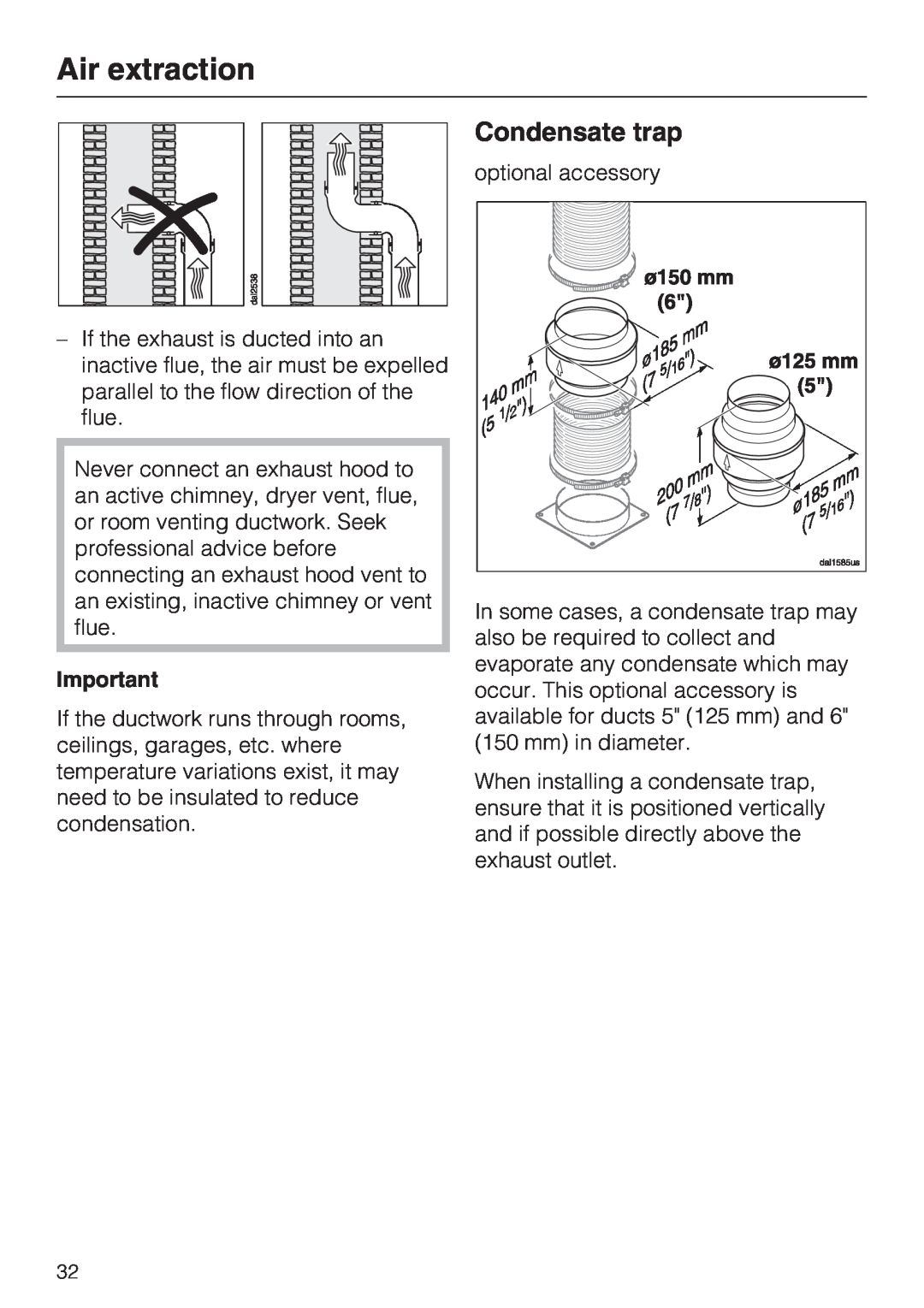 Miele DA 399-5, DA 398-5 installation instructions Condensate trap, Air extraction 