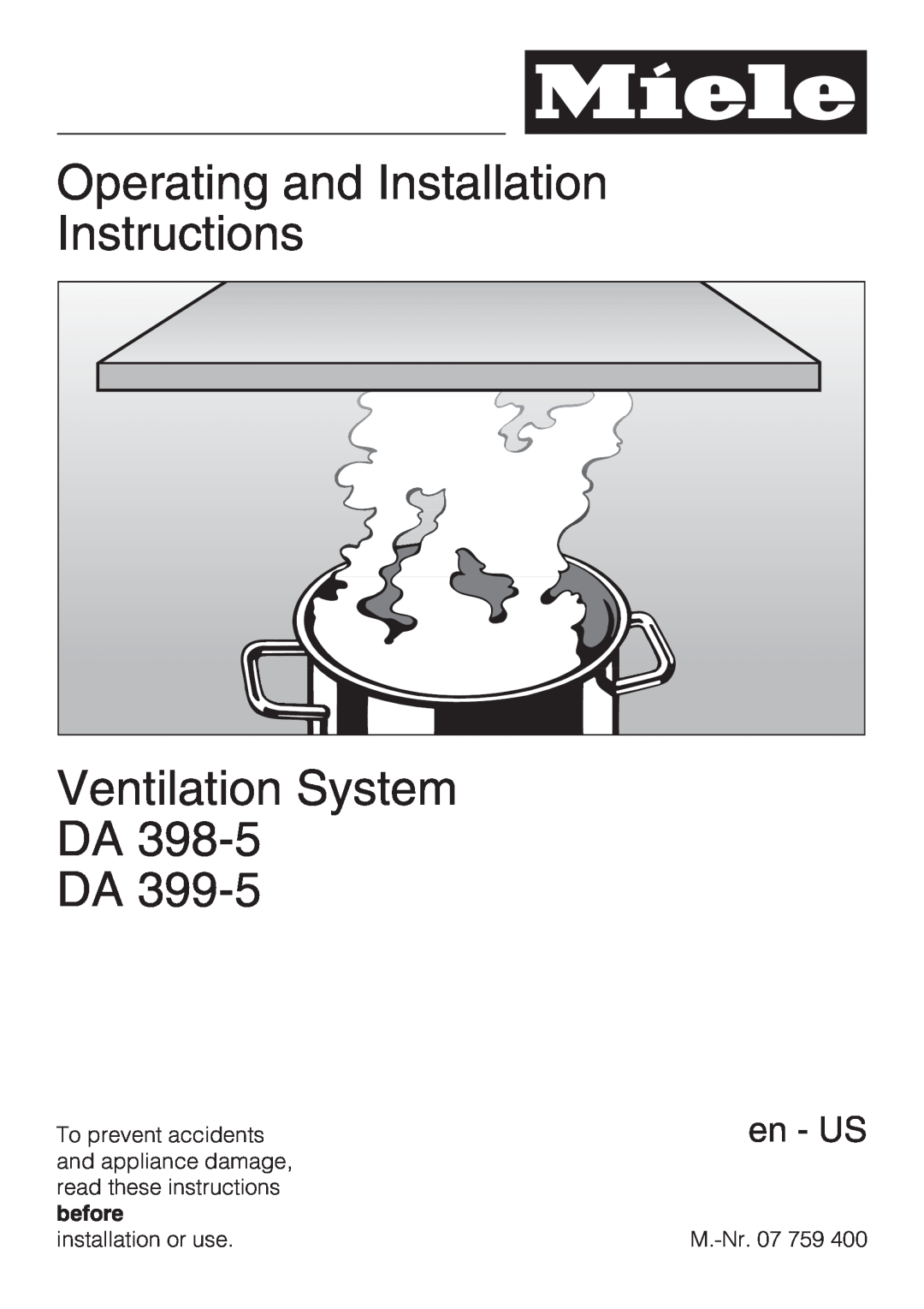 Miele DA 398-5 installation instructions Operating and Installation Instructions, Ventilation System DA DA, en - US 