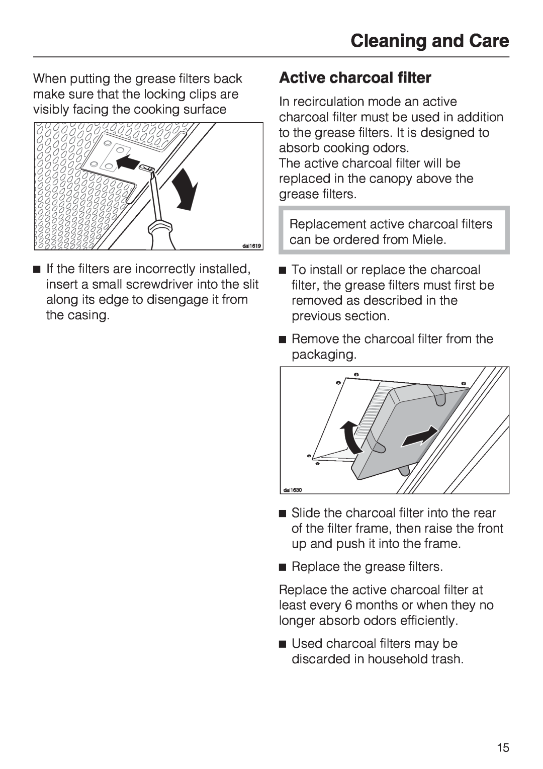 Miele DA 398-5, DA 399-5 installation instructions Active charcoal filter, Cleaning and Care 