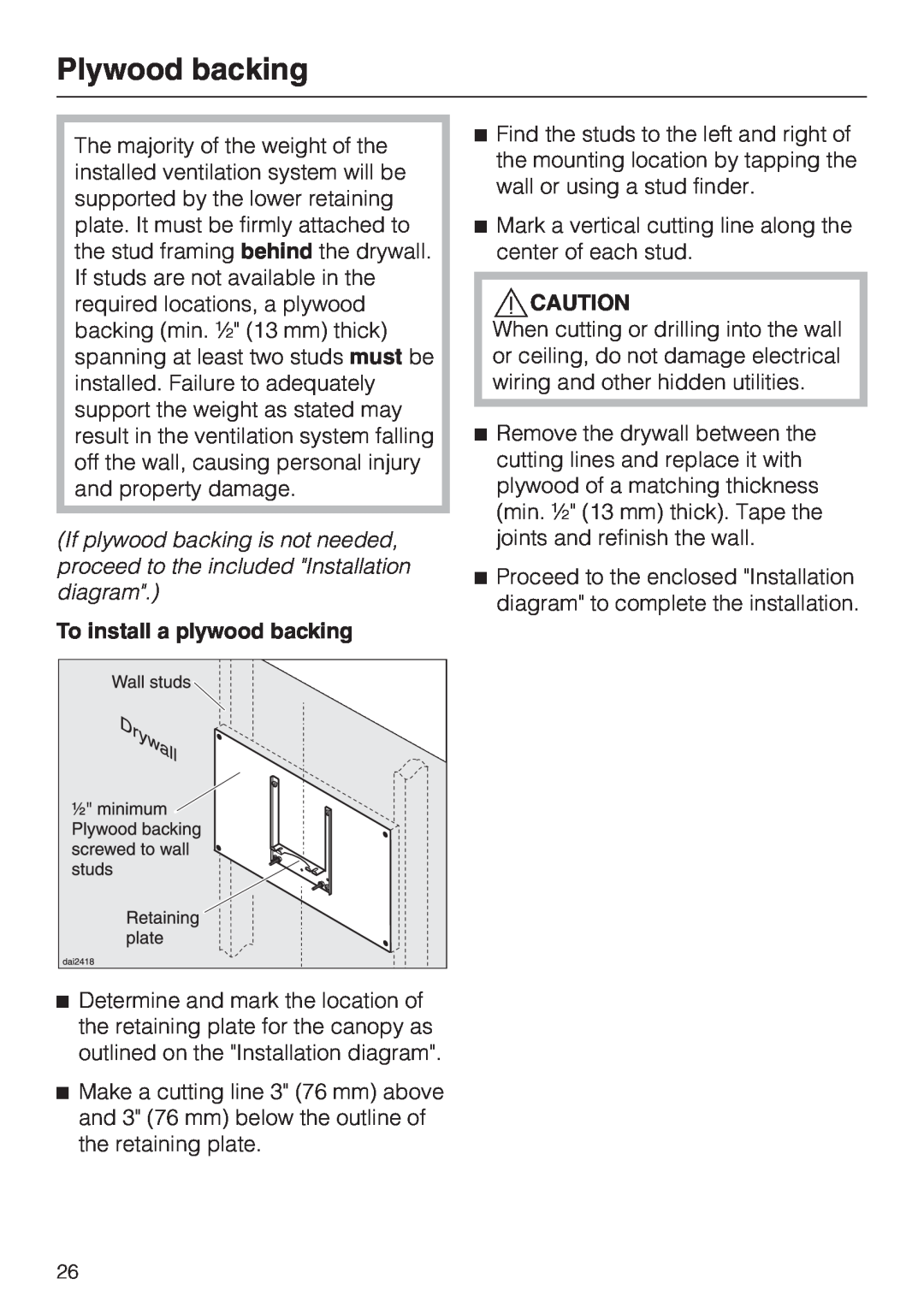 Miele DA 399-5, DA 398-5 installation instructions Plywood backing, To install a plywood backing 
