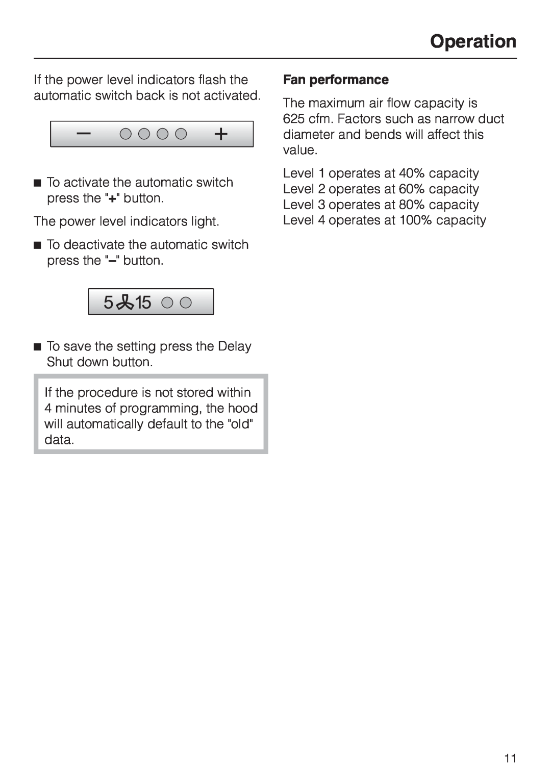 Miele DA 402 installation instructions Operation, Fan performance 