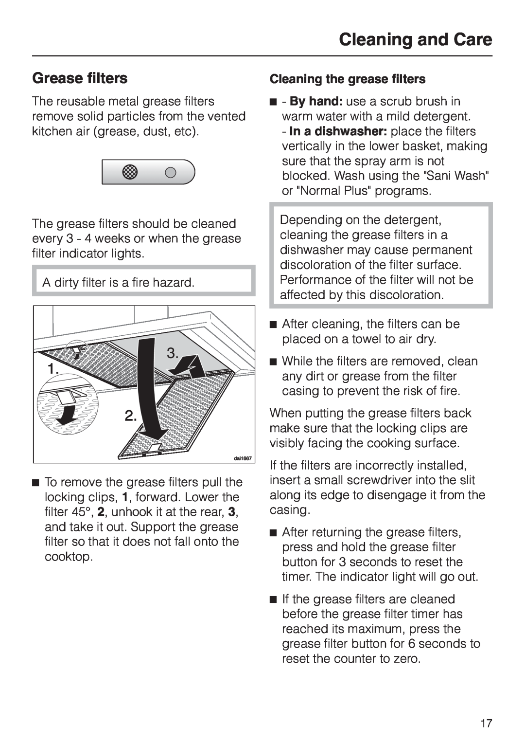 Miele DA 402 installation instructions Grease filters, Cleaning and Care, Cleaning the grease filters 