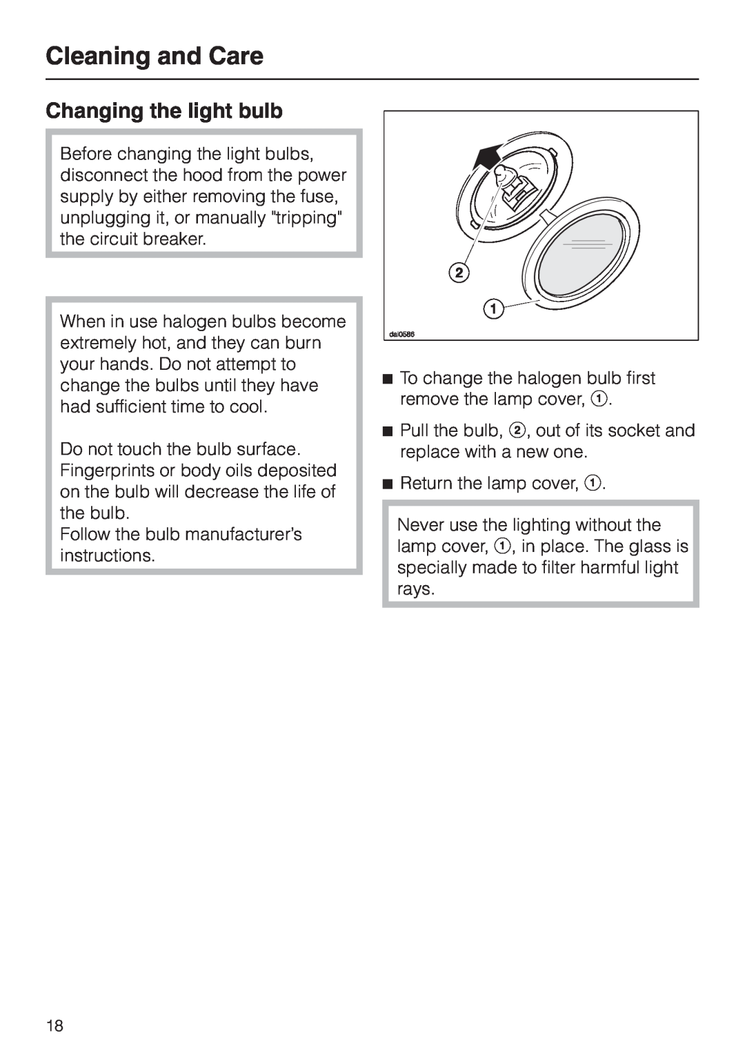 Miele DA 402 installation instructions Changing the light bulb, Cleaning and Care 