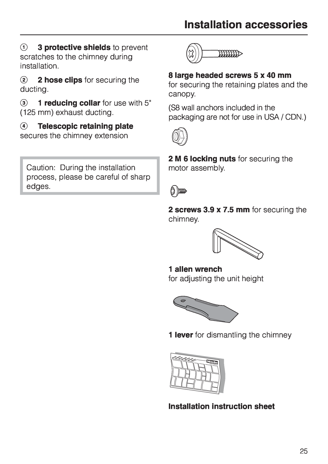 Miele DA 402 installation instructions Installation accessories, c1 reducing collar for use with 