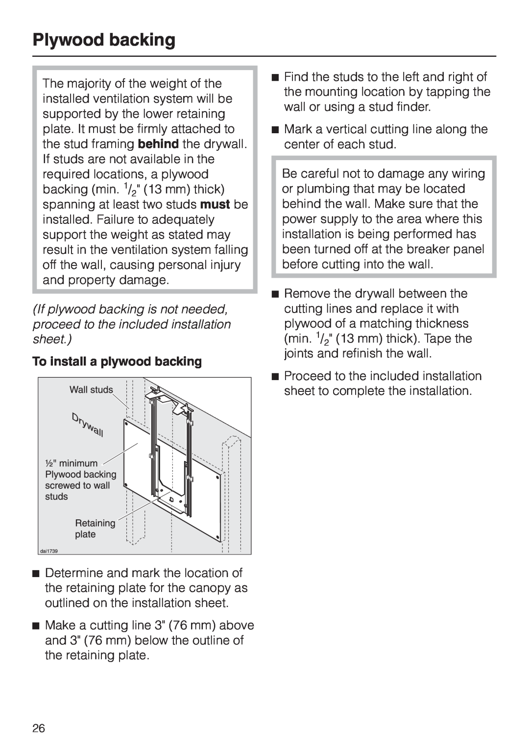 Miele DA 402 installation instructions Plywood backing, To install a plywood backing 