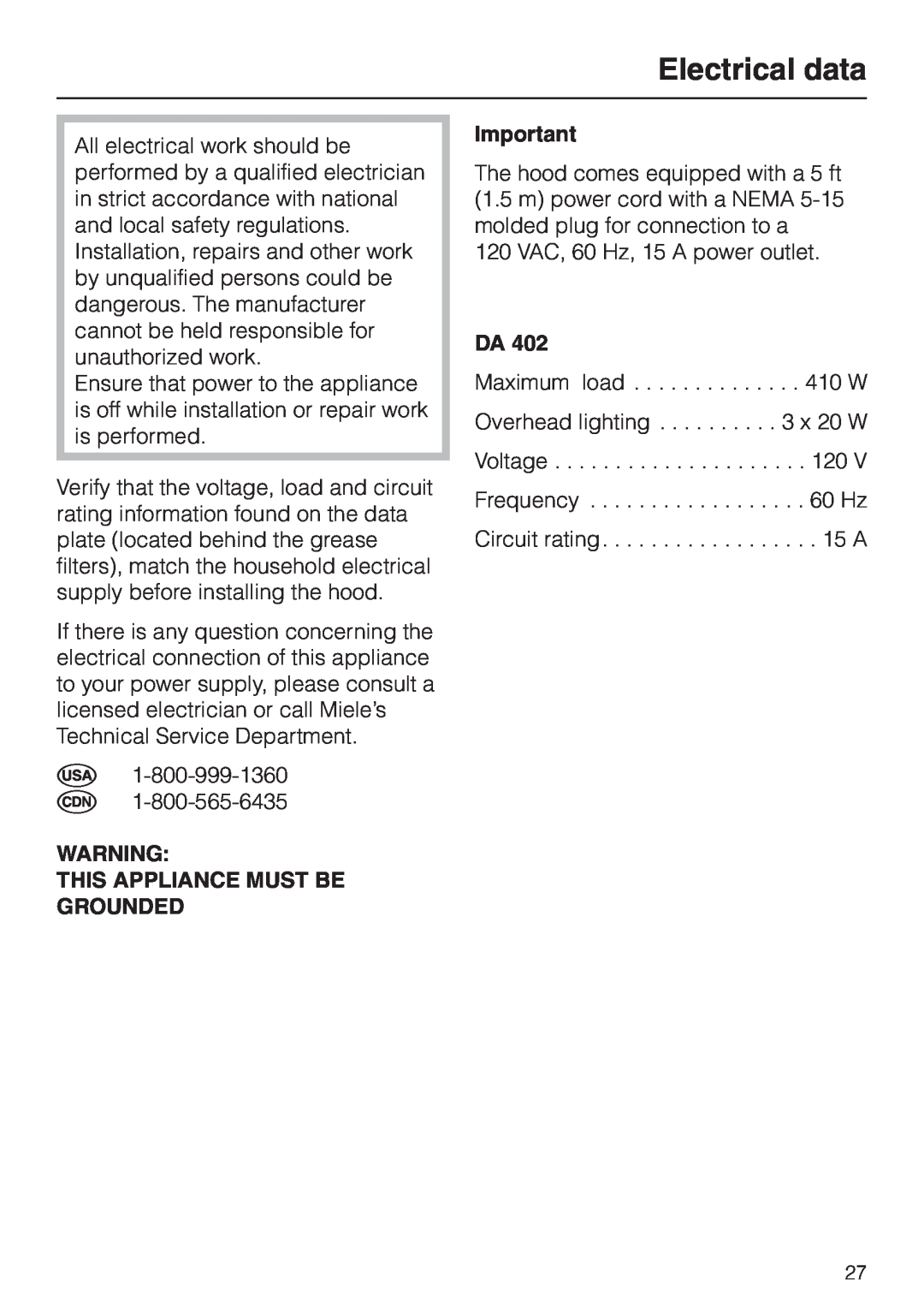 Miele DA 402 installation instructions Electrical data, This Appliance Must Be Grounded 