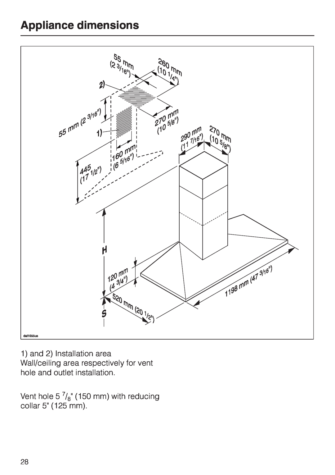 Miele DA 402 installation instructions Appliance dimensions 