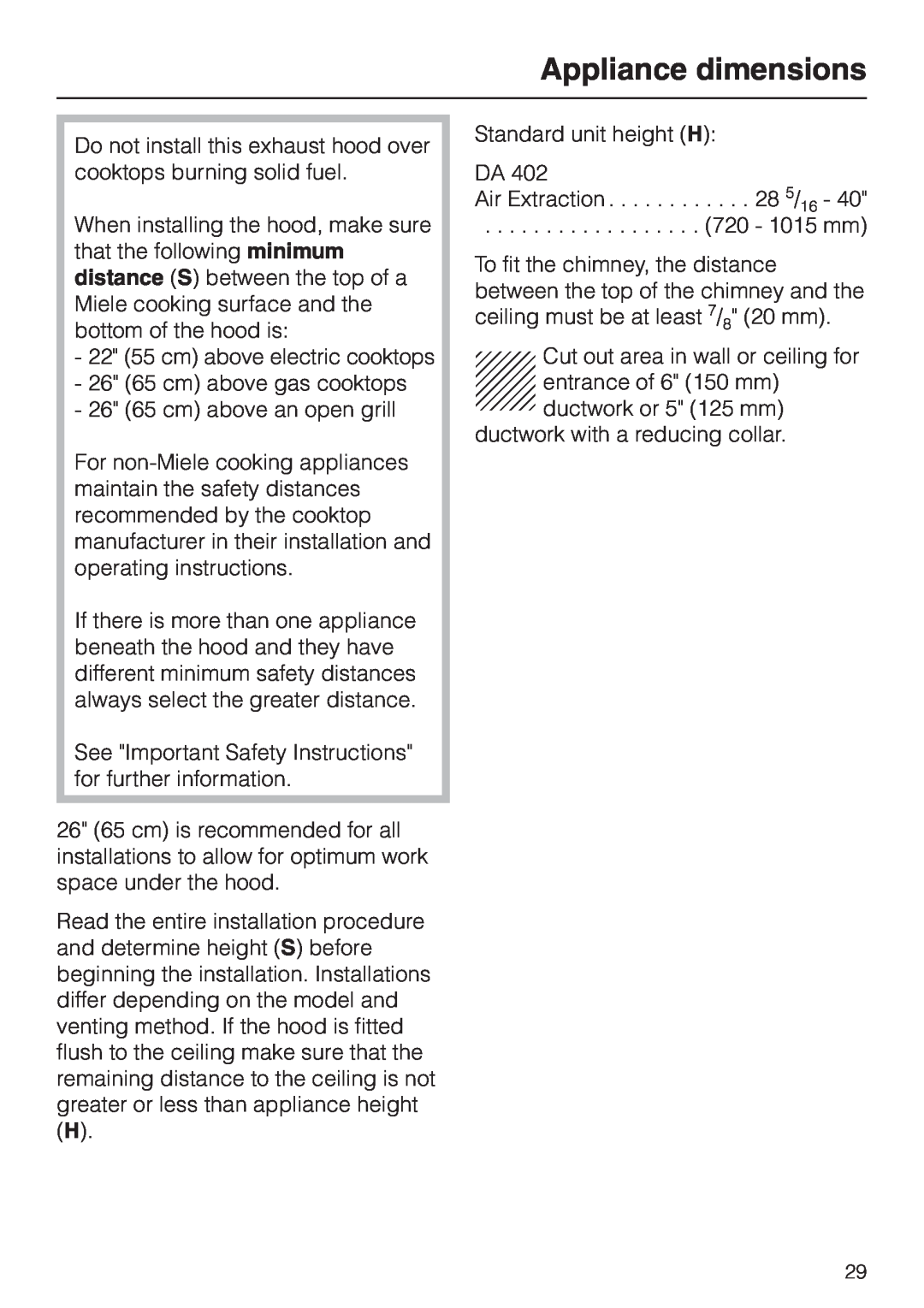 Miele DA 402 installation instructions Appliance dimensions, 22 55 cm above electric cooktops 