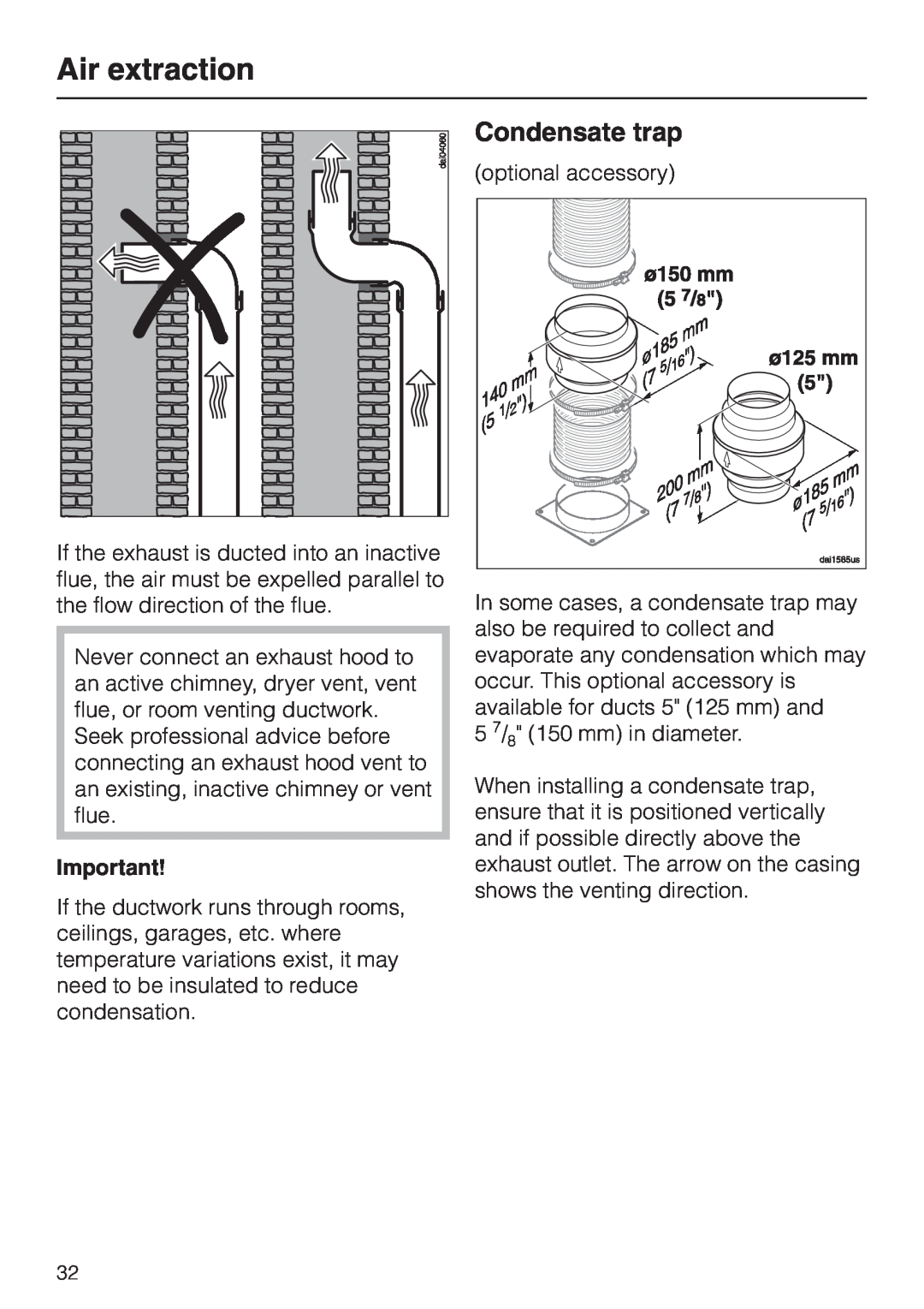 Miele DA 402 installation instructions Condensate trap, Air extraction 