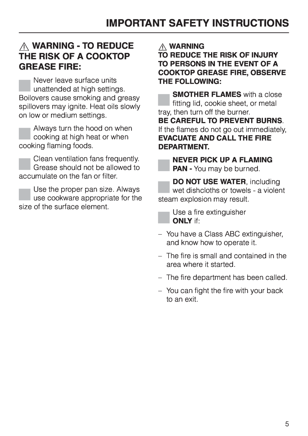 Miele DA 402 Important Safety Instructions, Be Careful To Prevent Burns, Evacuate And Call The Fire Department, ONLY if 