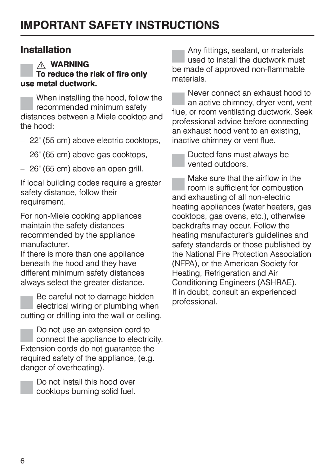 Miele DA 402 installation instructions Installation, Important Safety Instructions 