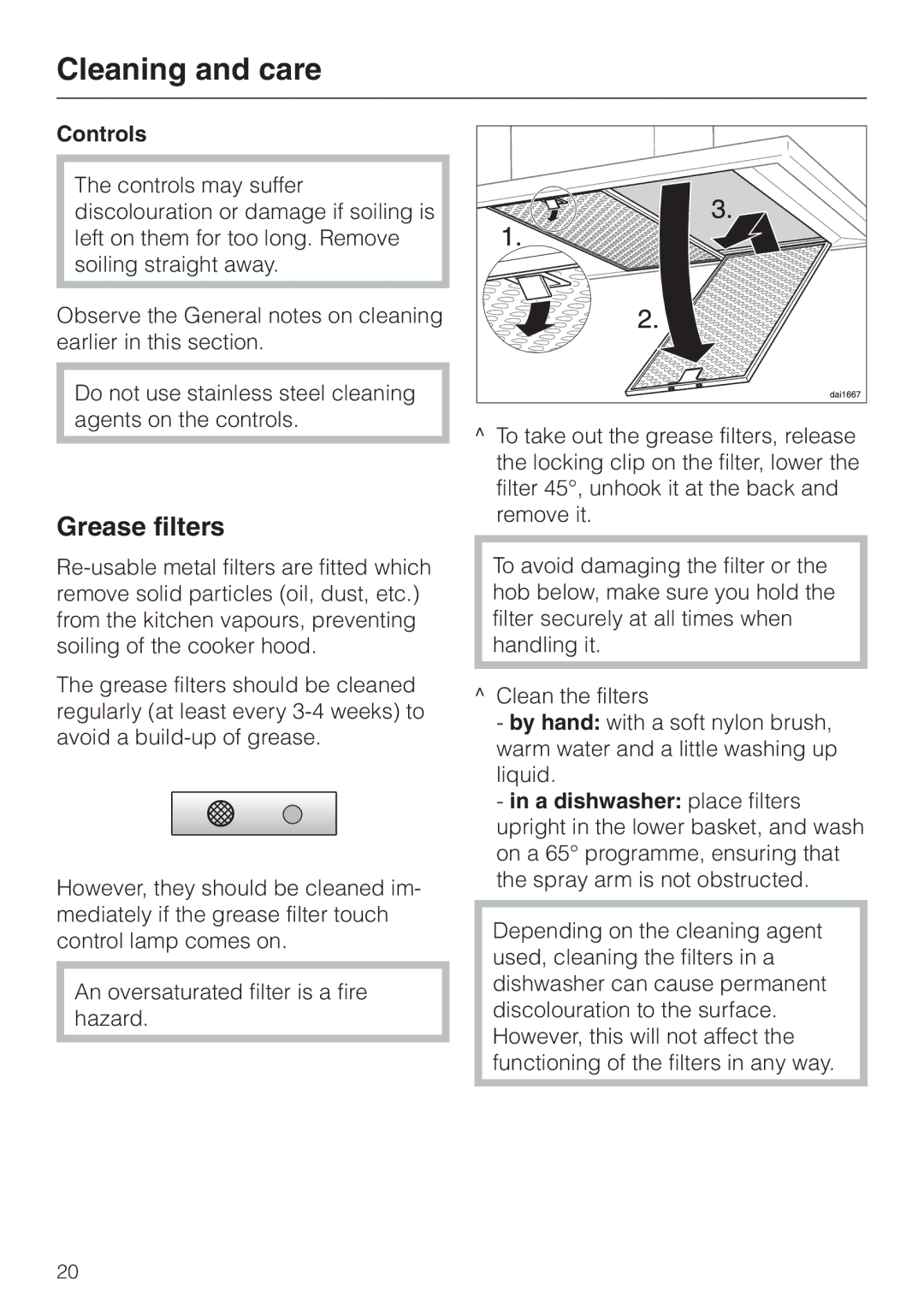 Miele DA 420 V EXT, DA 424 V EXT installation instructions Grease filters, Controls 